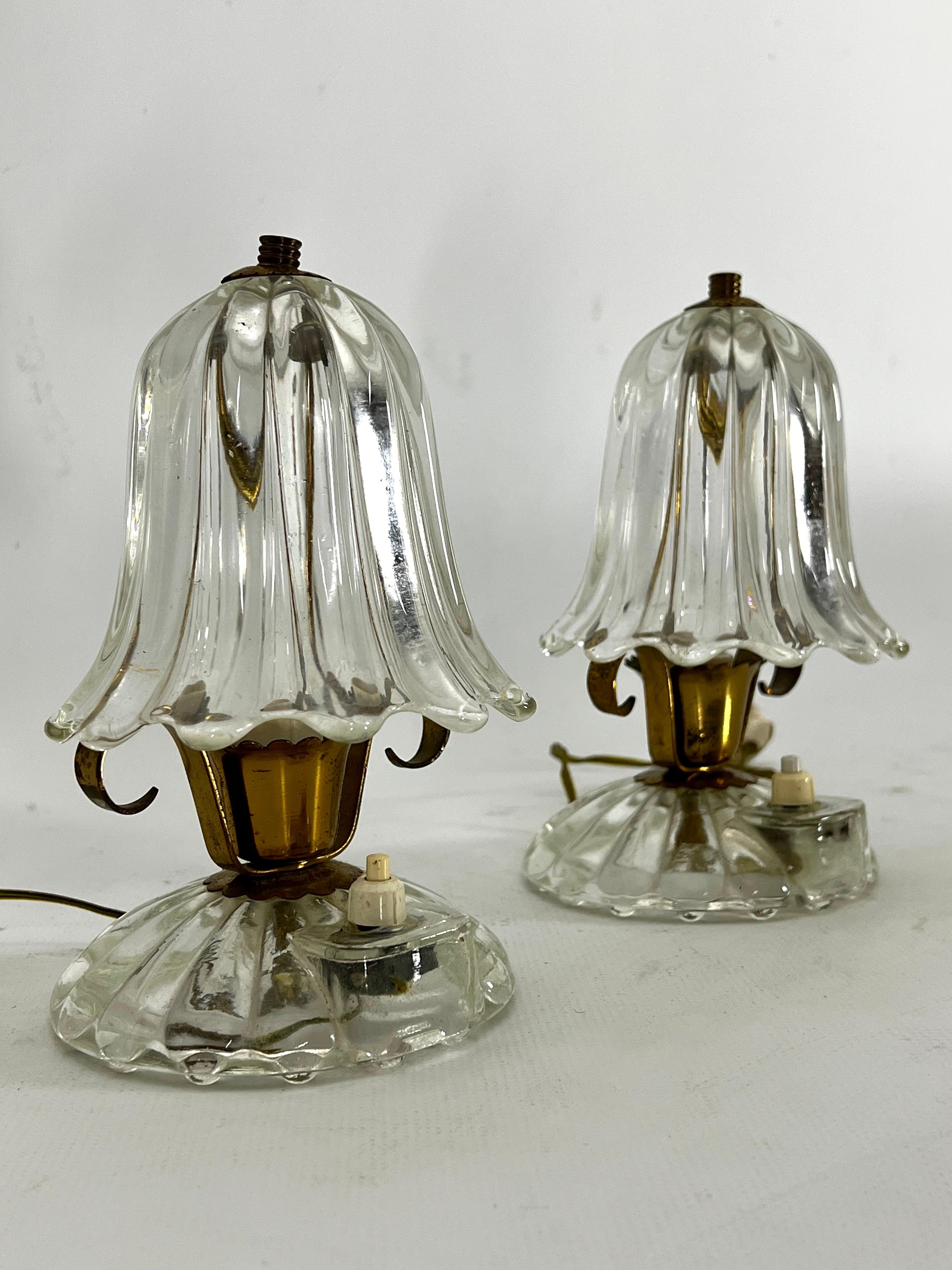 20th Century Mid-Century pair of Ercole Barovier Murano glass and brass table lamps. 1940s For Sale