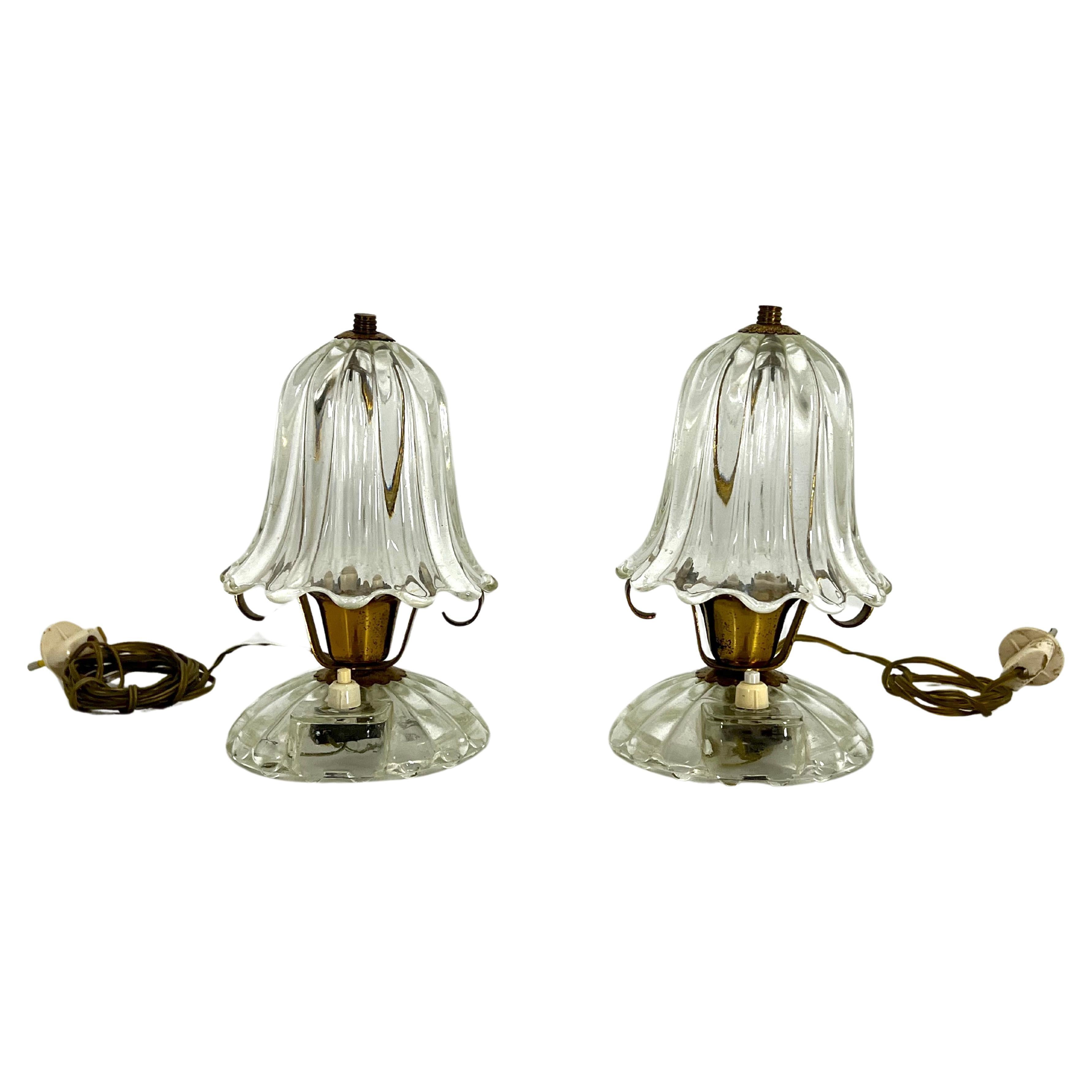 Mid-Century pair of Ercole Barovier Murano glass and brass table lamps. 1940s For Sale