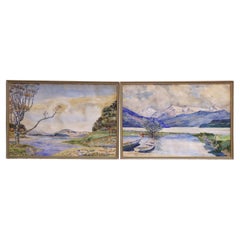 Pareja de acuarelas de paisajes europeos de mediados de siglo firmadas Walch, enmarcadas