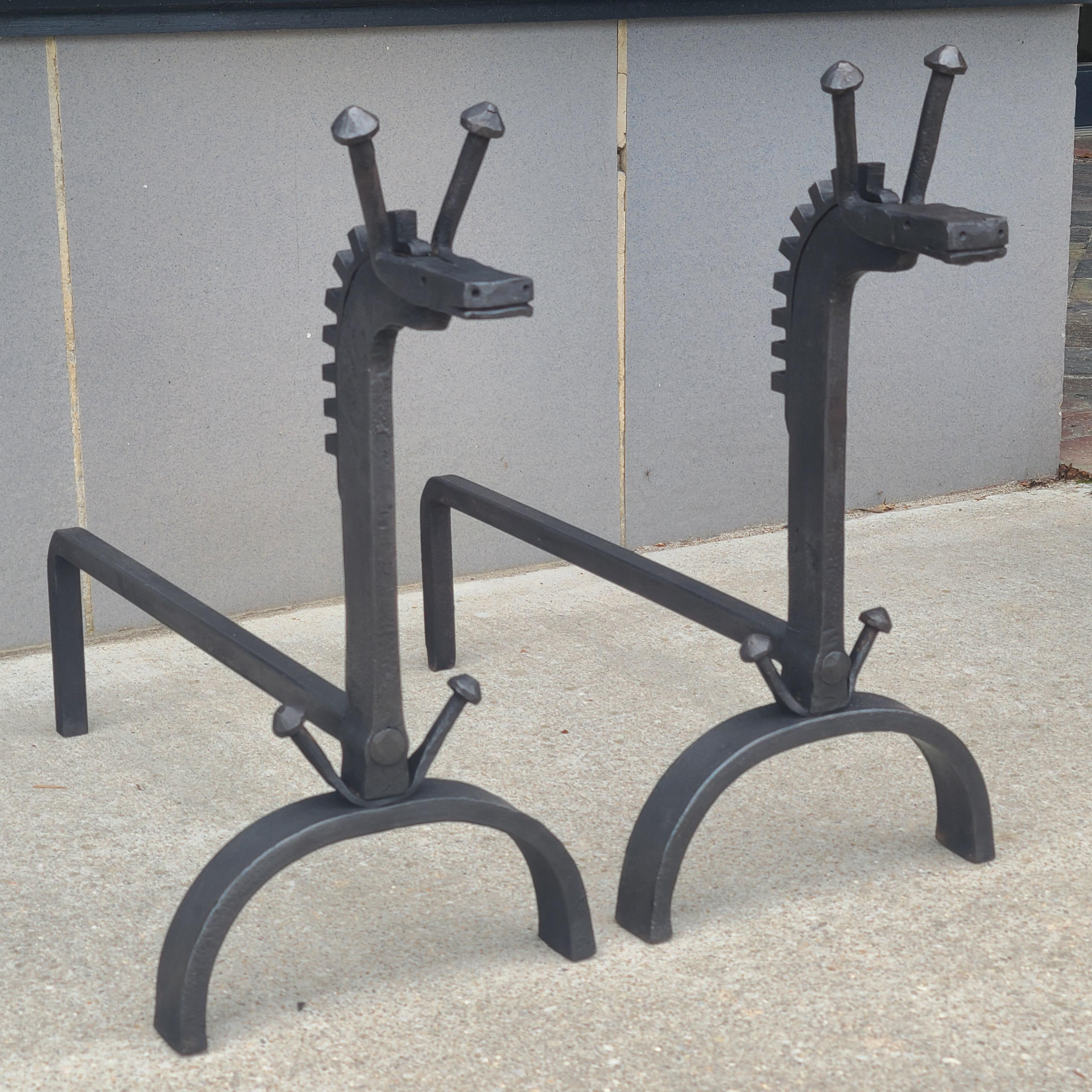 Mid Century Pair of Forged Iron a Giraffe Andirons In Good Condition For Sale In Kilmarnock, VA