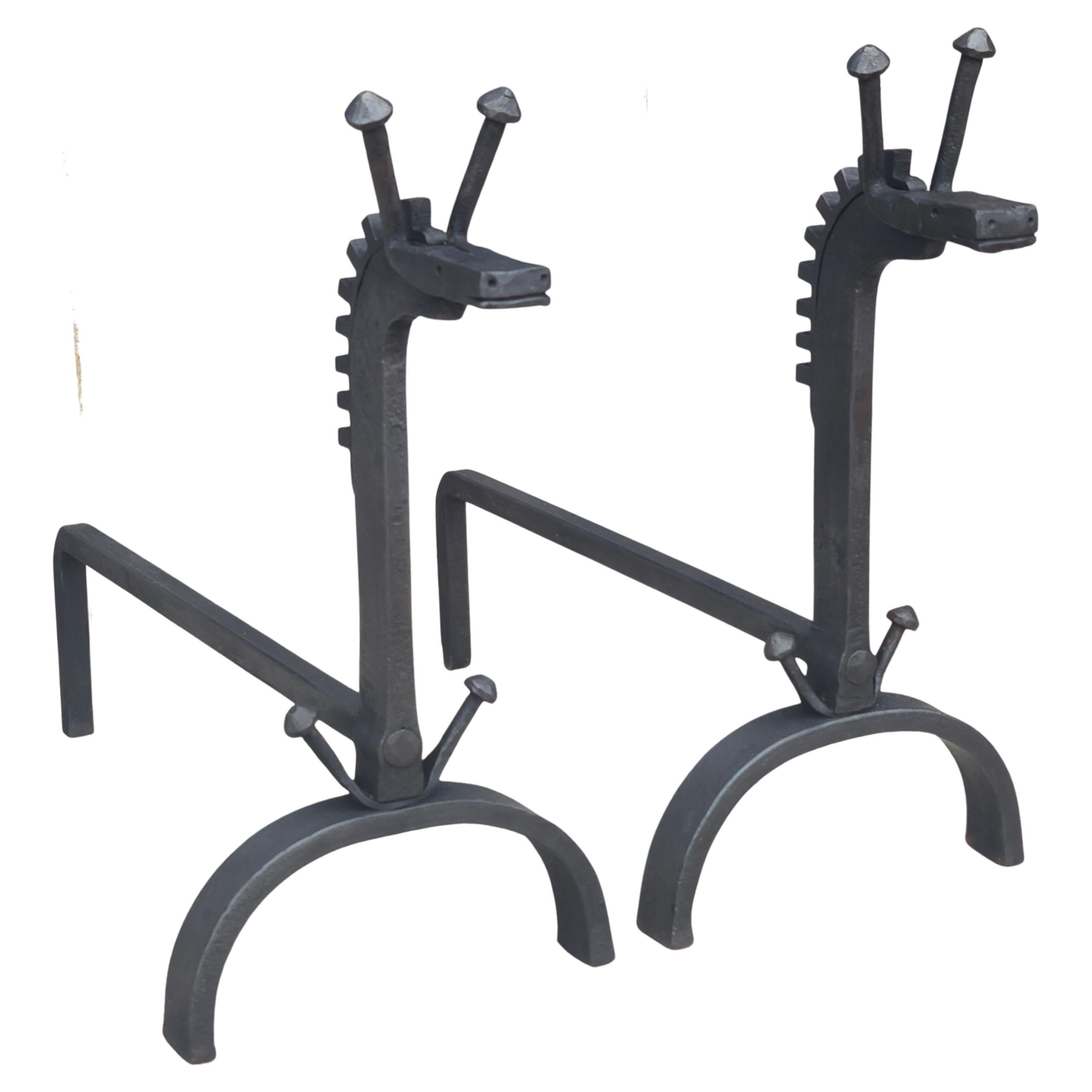 Mid Century Pair of Forged Iron a Giraffe Andirons