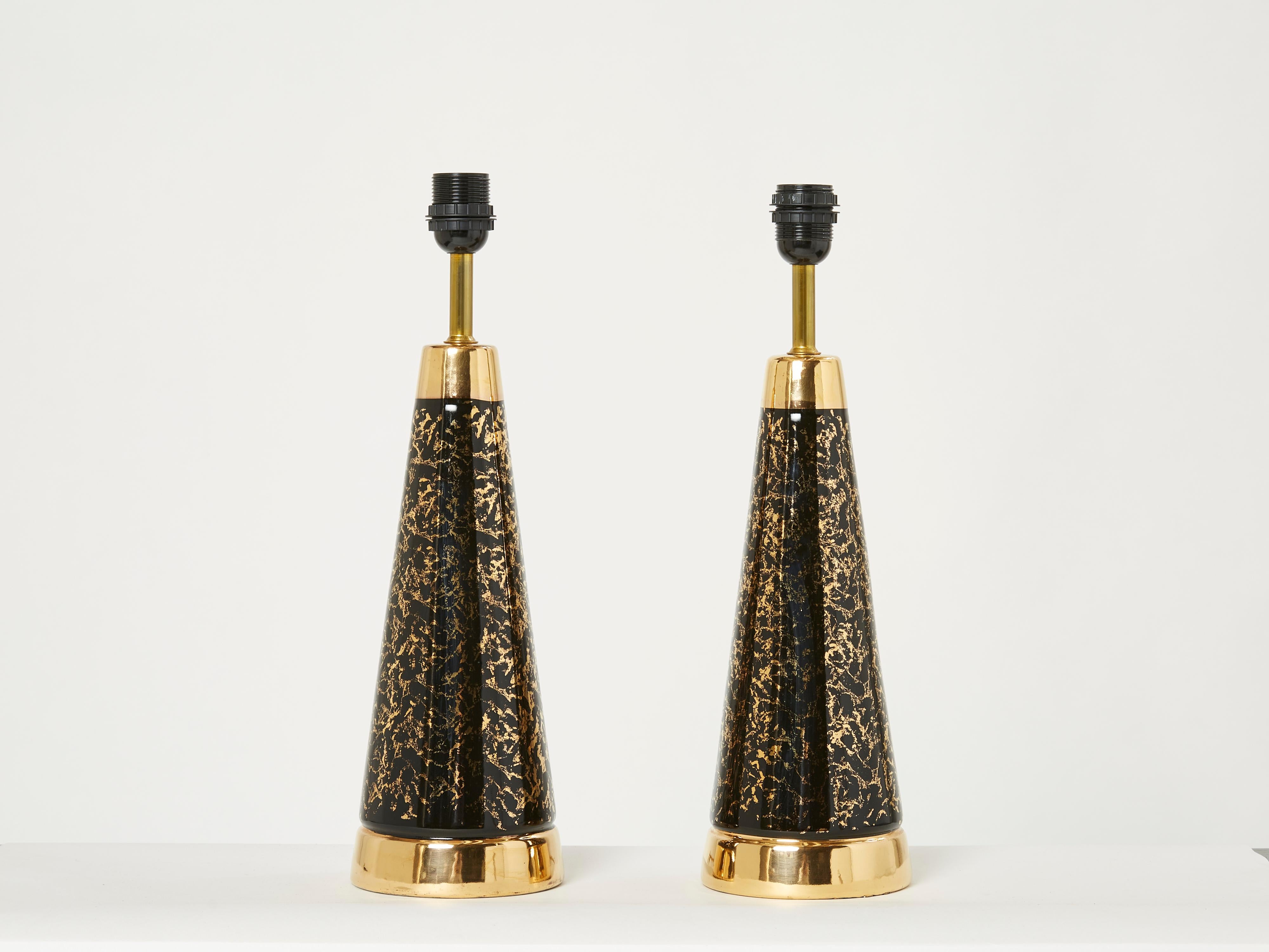 Brass Mid-Century Pair of French Black Golden Ceramic Lamps, 1970s
