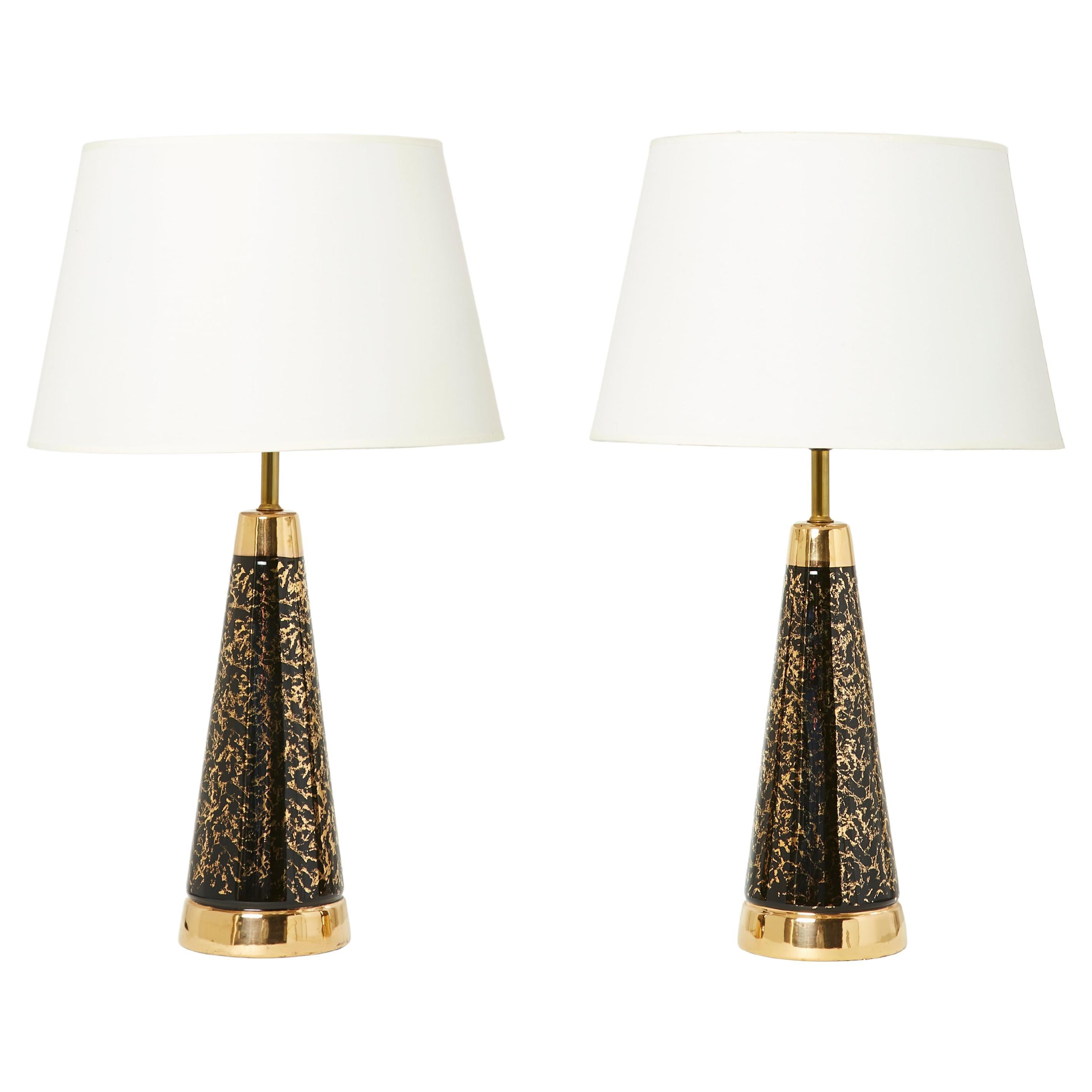 Mid-Century Pair of French Black Golden Ceramic Lamps, 1970s