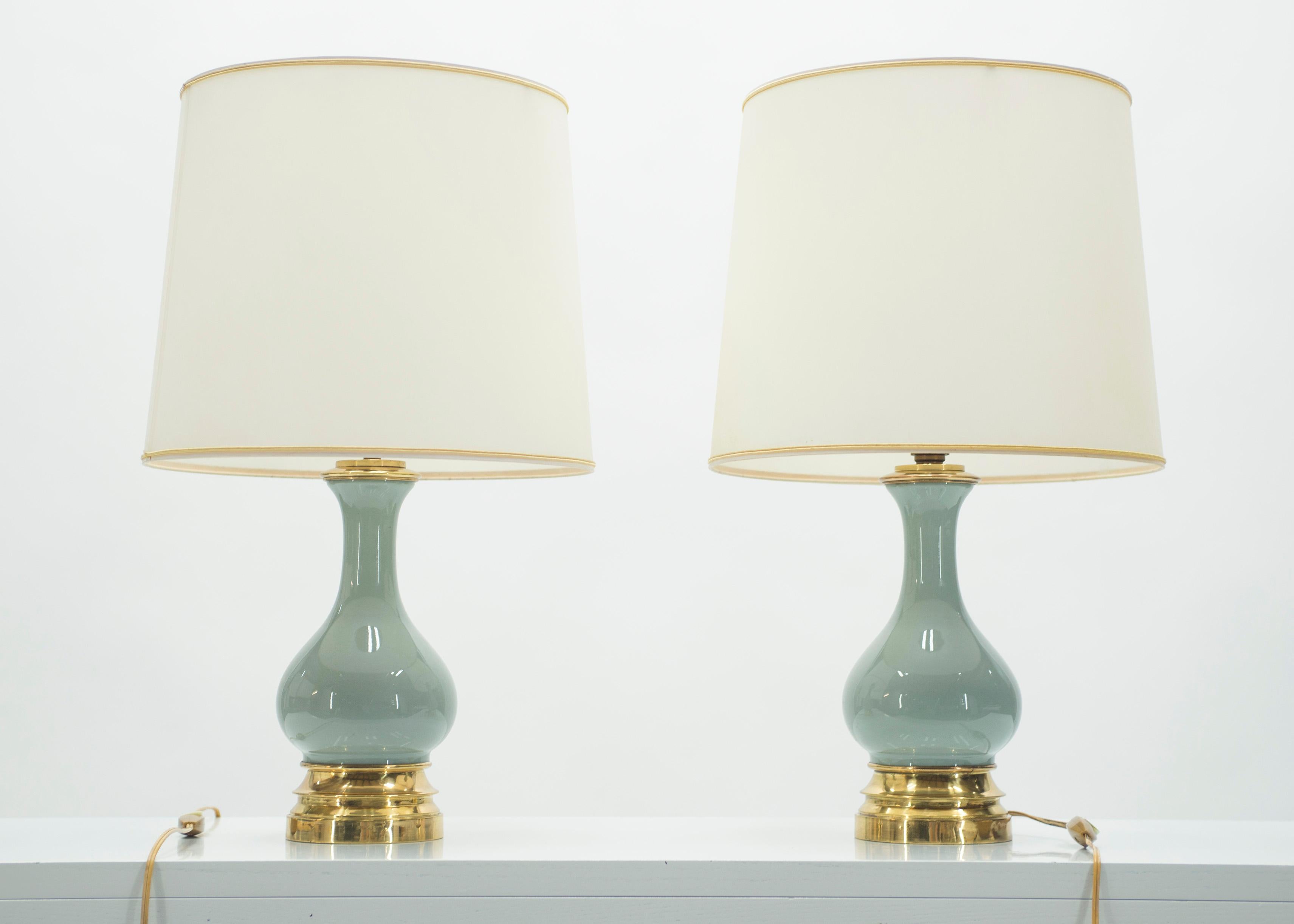 Mid-Century Modern Midcentury Pair of French Light Blue Ceramic and Brass Lamps, 1960s