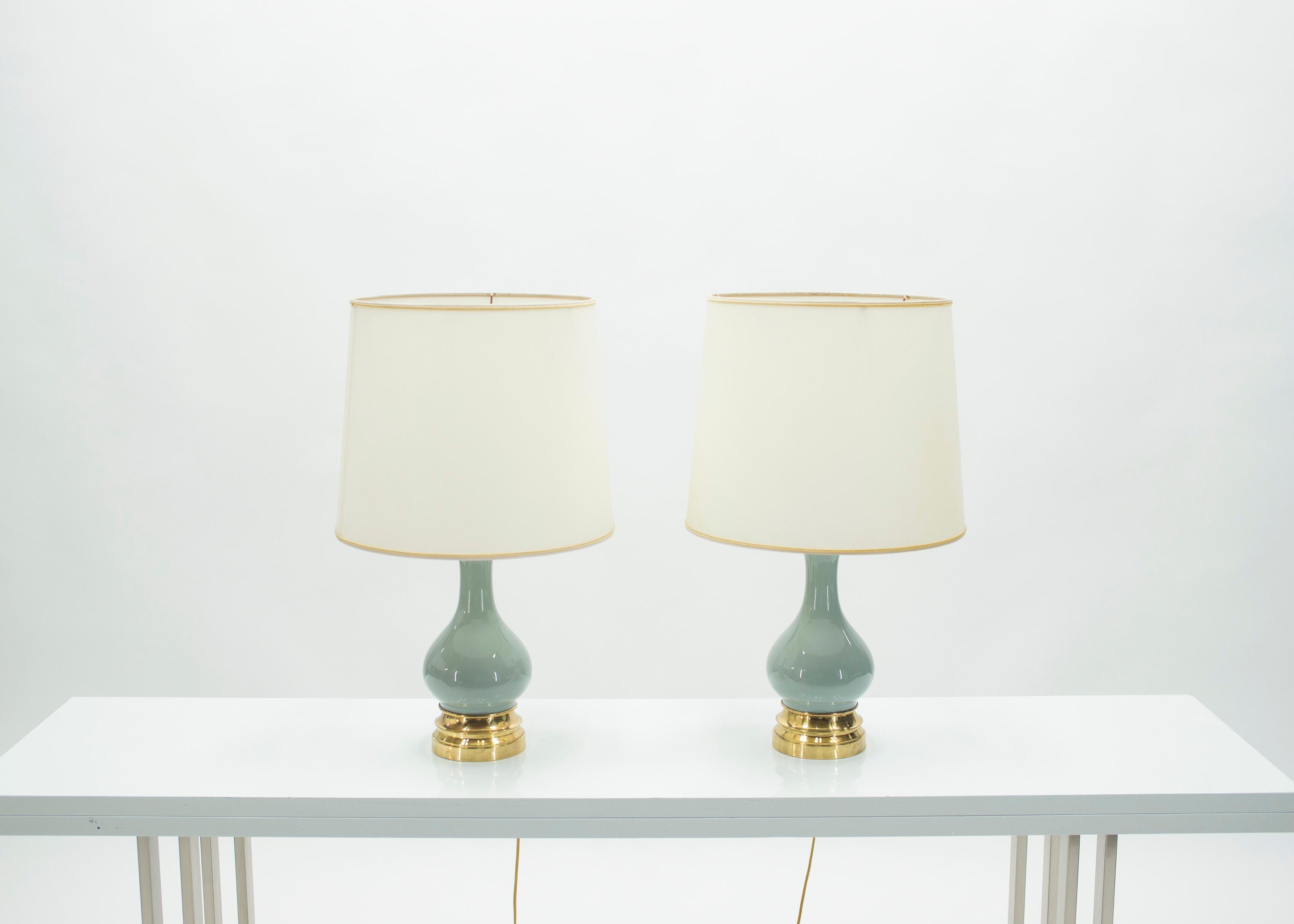 Midcentury Pair of French Light Blue Ceramic and Brass Lamps, 1960s In Good Condition In Paris, IDF