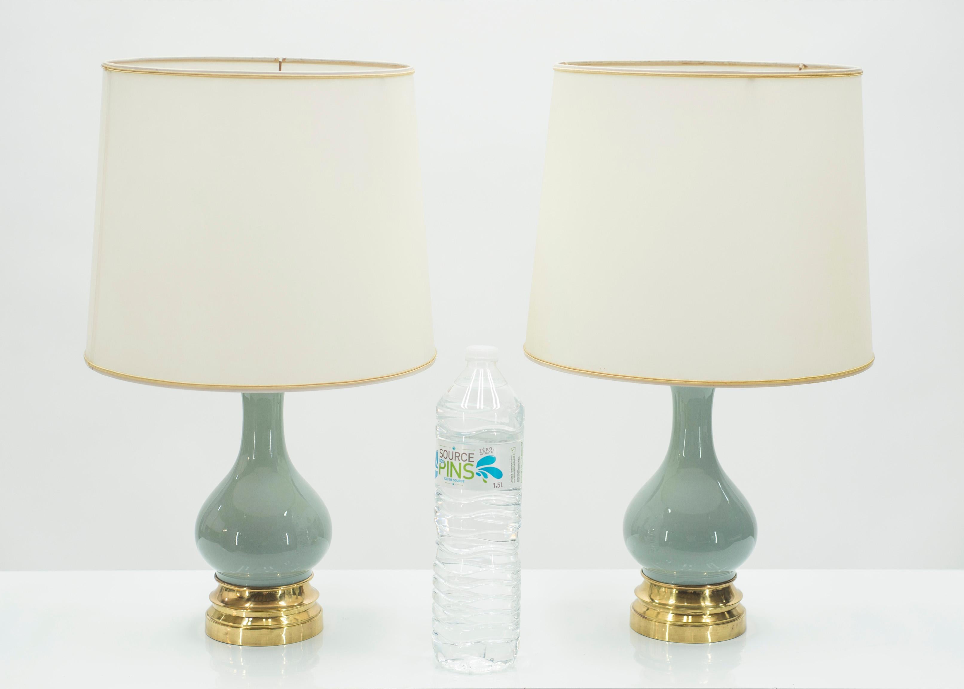 Mid-20th Century Midcentury Pair of French Light Blue Ceramic and Brass Lamps, 1960s