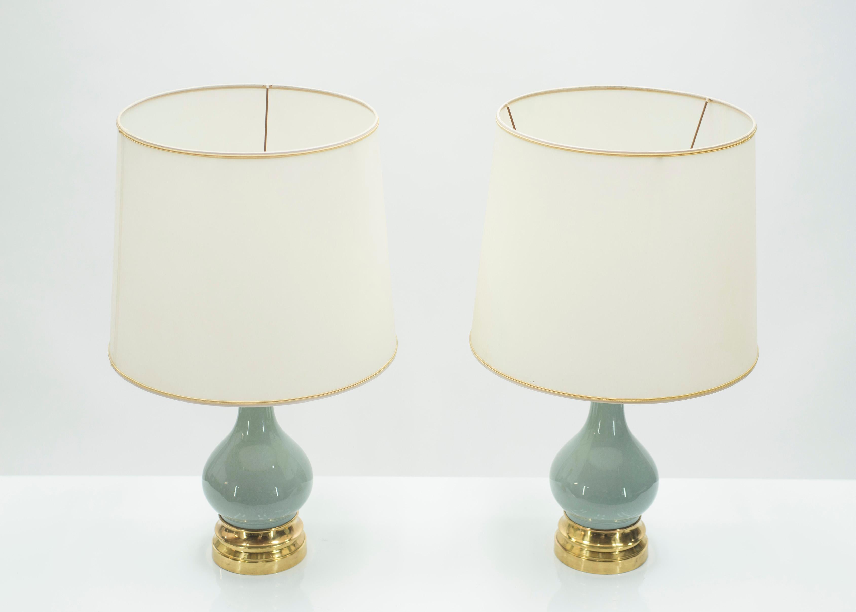 Midcentury Pair of French Light Blue Ceramic and Brass Lamps, 1960s 1