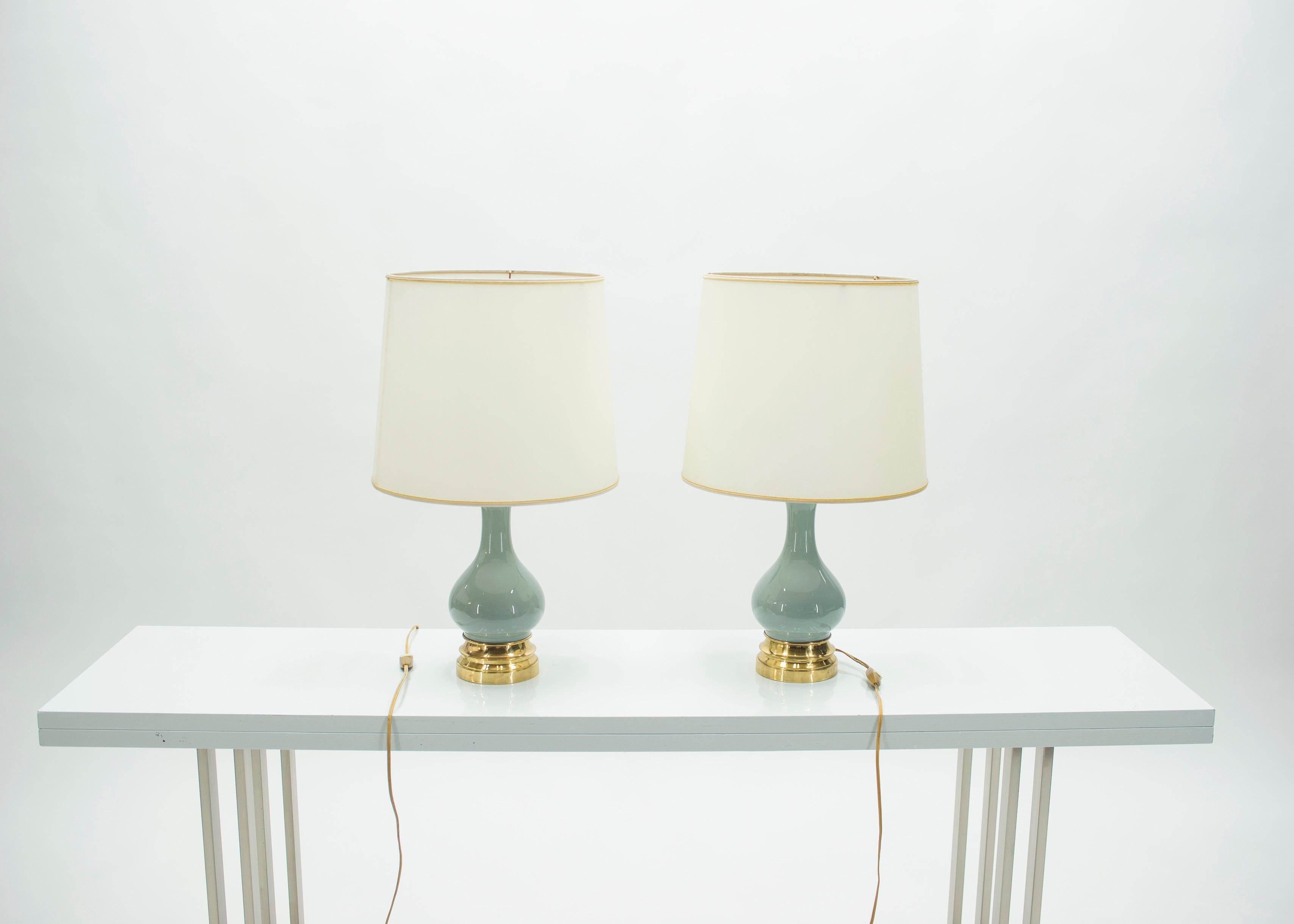 Midcentury Pair of French Light Blue Ceramic and Brass Lamps, 1960s 2