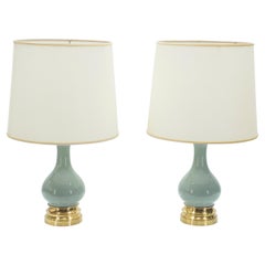 Midcentury Pair of French Light Blue Ceramic and Brass Lamps, 1960s