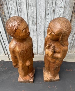 Mid-Century Pair of French Oak Sculptures of Adam and Eve