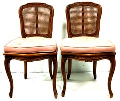 Mid-Century Pair of French Style Carved Wood & Cane Chairs