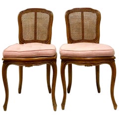 Mid-Century Pair of French Style Carved Wood & Cane Chairs