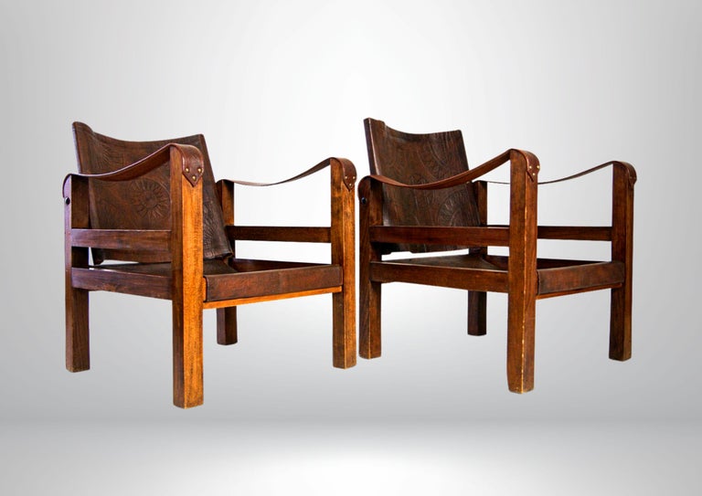 British Colonial Mid-Century Pair of French Tooled Leather Safari Campaign Armchairs For Sale