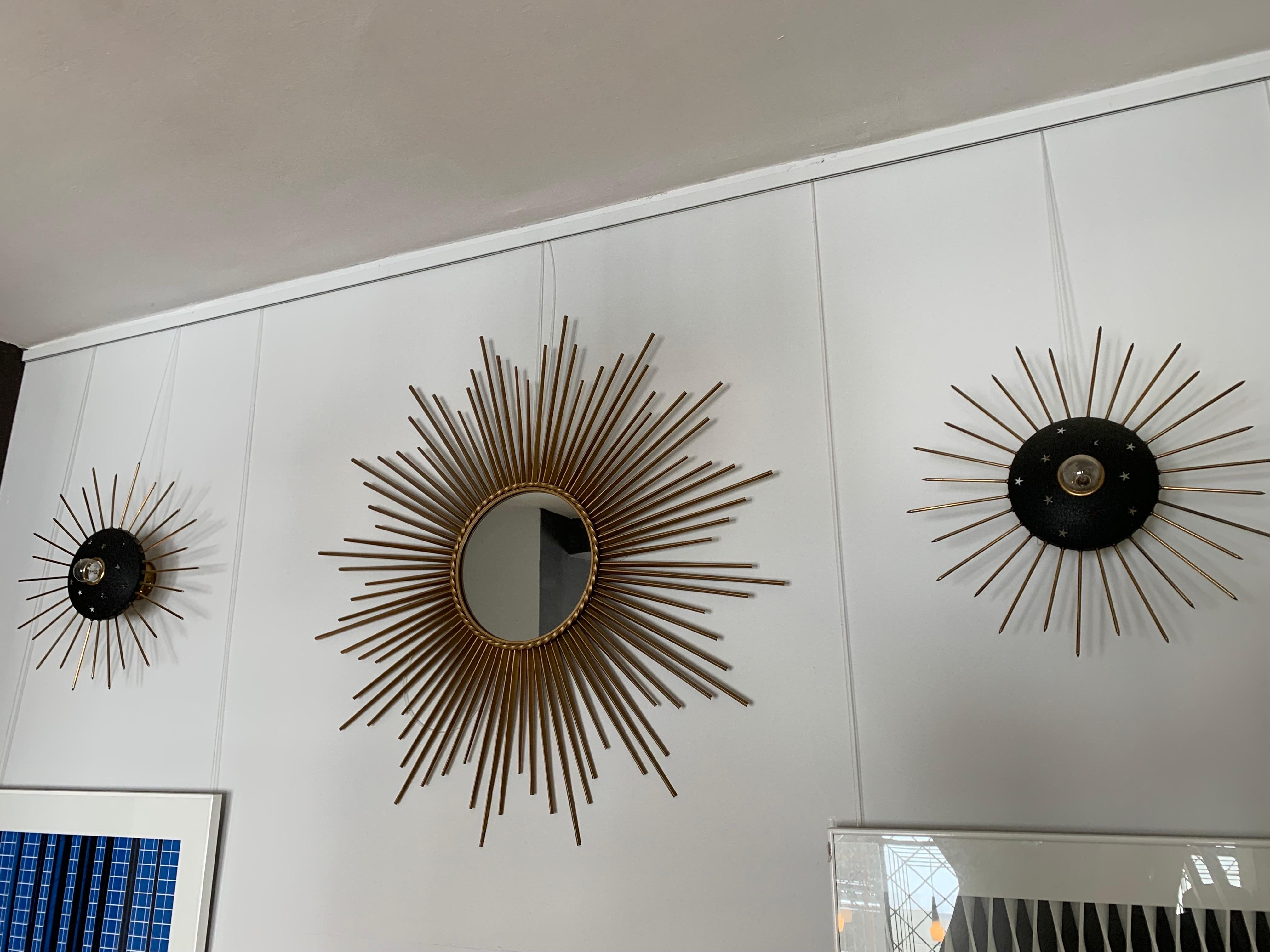 Mid Century Pair of Gilt Iron and Brass Sunburst Wall Sconces For Sale 7