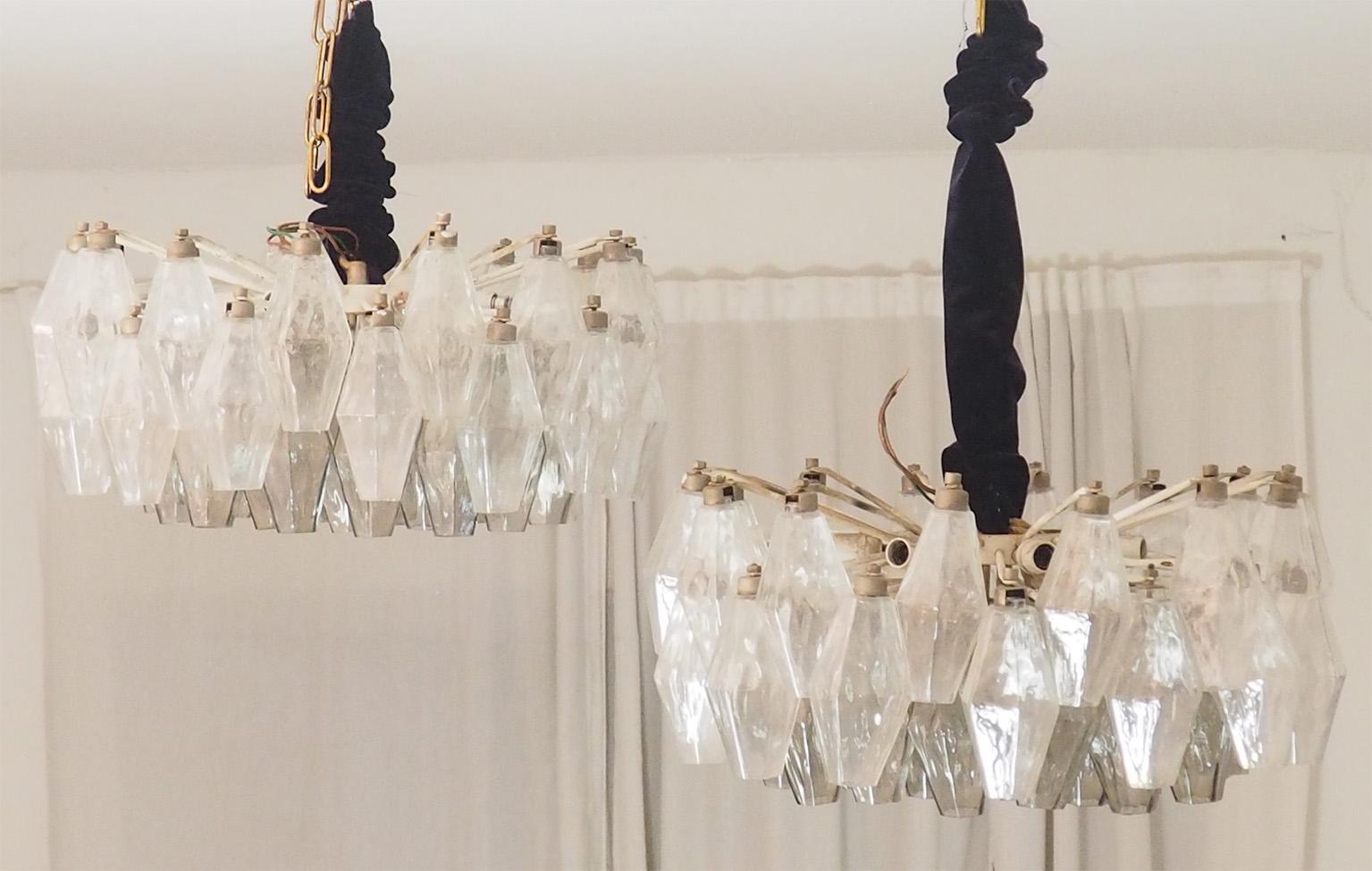 Mid-Century Modern Mid Century Pair of Glass Chandeliers Poliedri by Carlo Scarpa for Venini, 1960s