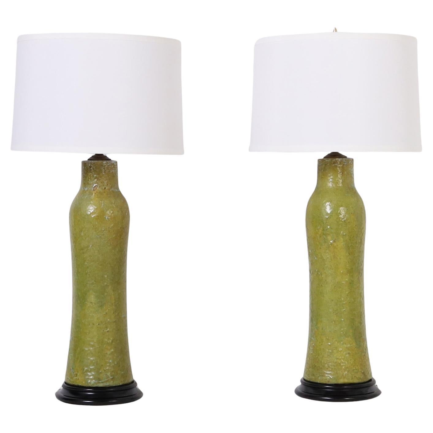 Mid Century Pair of Glazed Earthenware Table Lamps