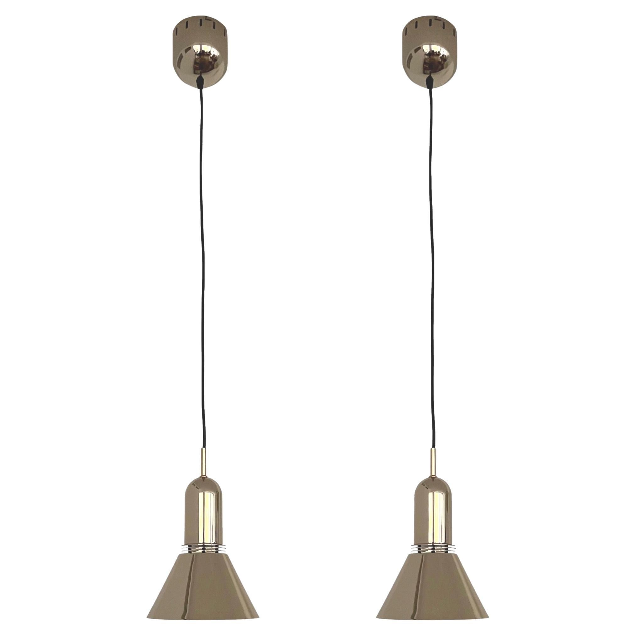 Midcentury Pair of Gold Metal Chandeliers by Marelli for Estiluz, 1970s For Sale