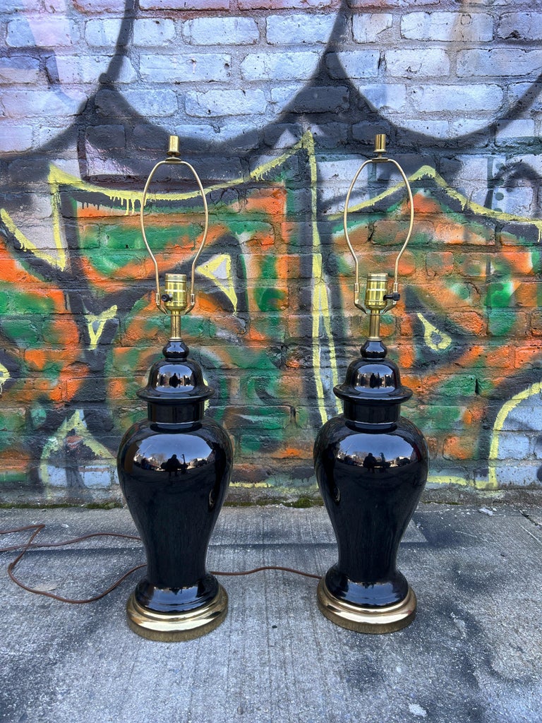 Midcentury Pair of Hollywood Regency Black Table Lamps with Shades ...