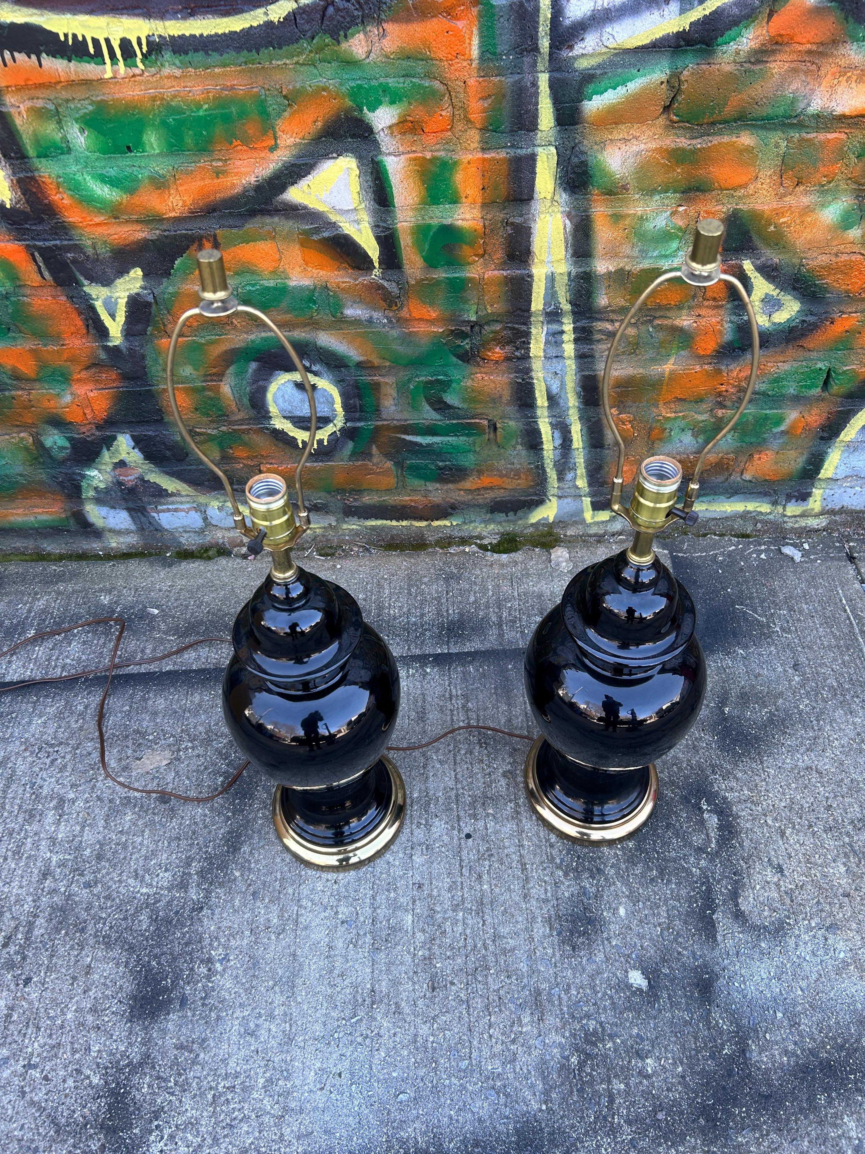 Mid-Century Modern Midcentury Pair of Hollywood Regency Black Table Lamps with Shades, circa 1970 For Sale