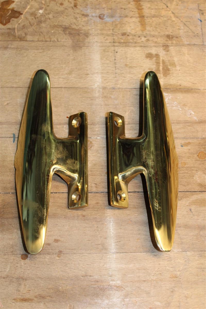 Mid-Century Pair of Italian 1950s Handles Solid Brass Gold Airplane Tail Italy For Sale 8