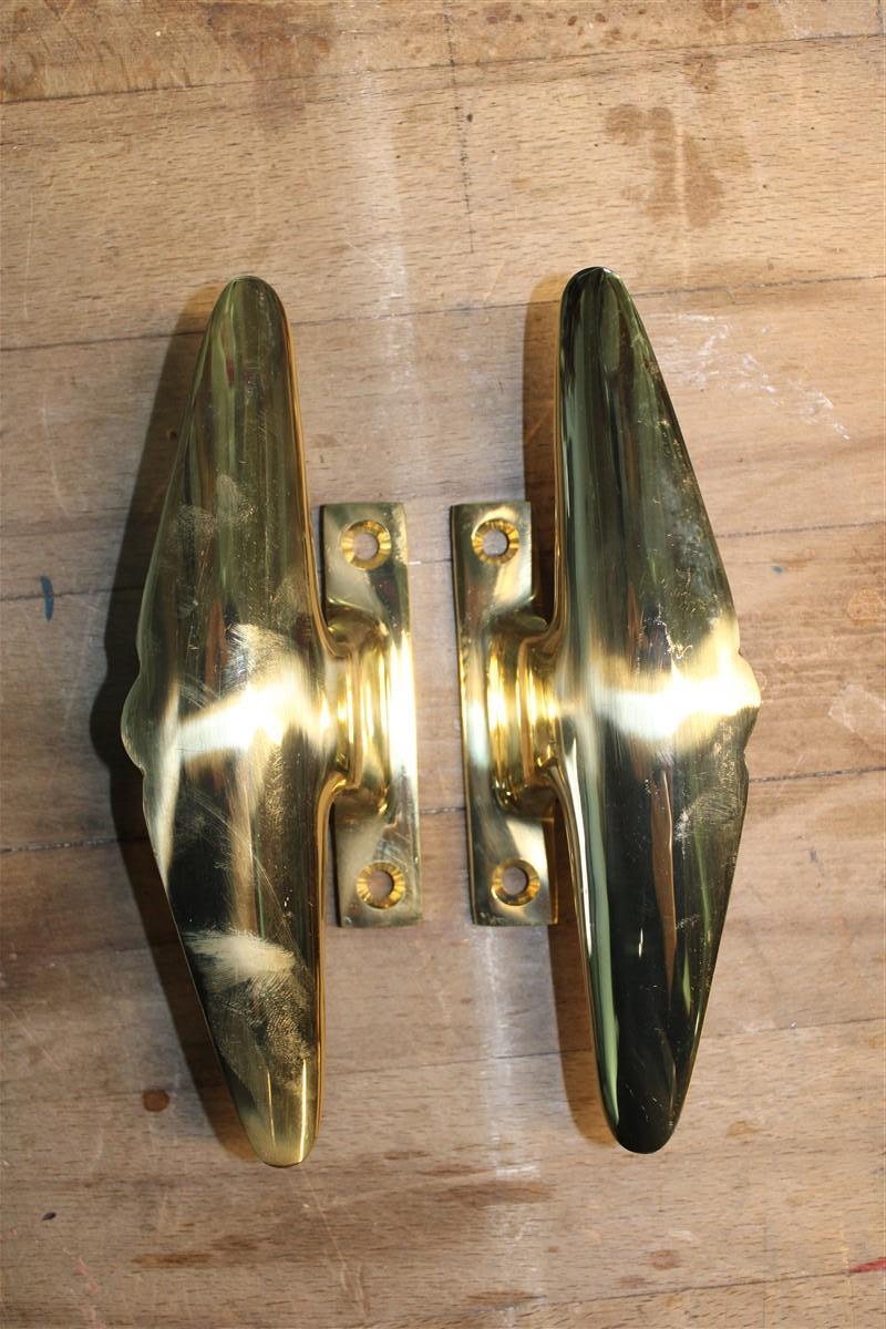 Mid-Century Modern Mid-Century Pair of Italian 1950s Handles Solid Brass Gold Airplane Tail Italy For Sale