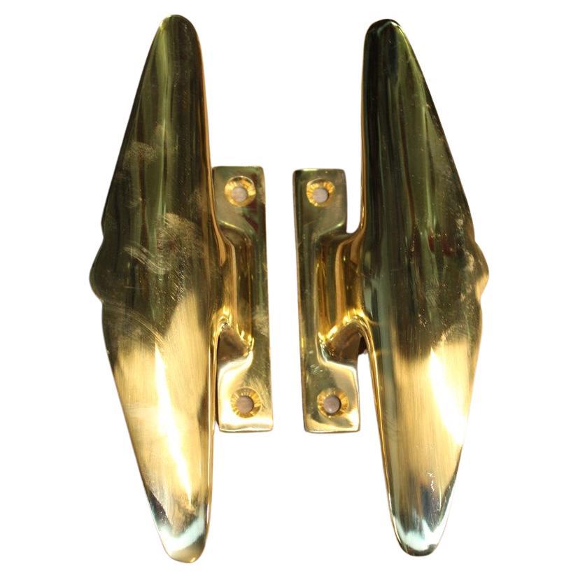 Mid-Century Pair of Italian 1950s Handles Solid Brass Gold Airplane Tail Italy For Sale