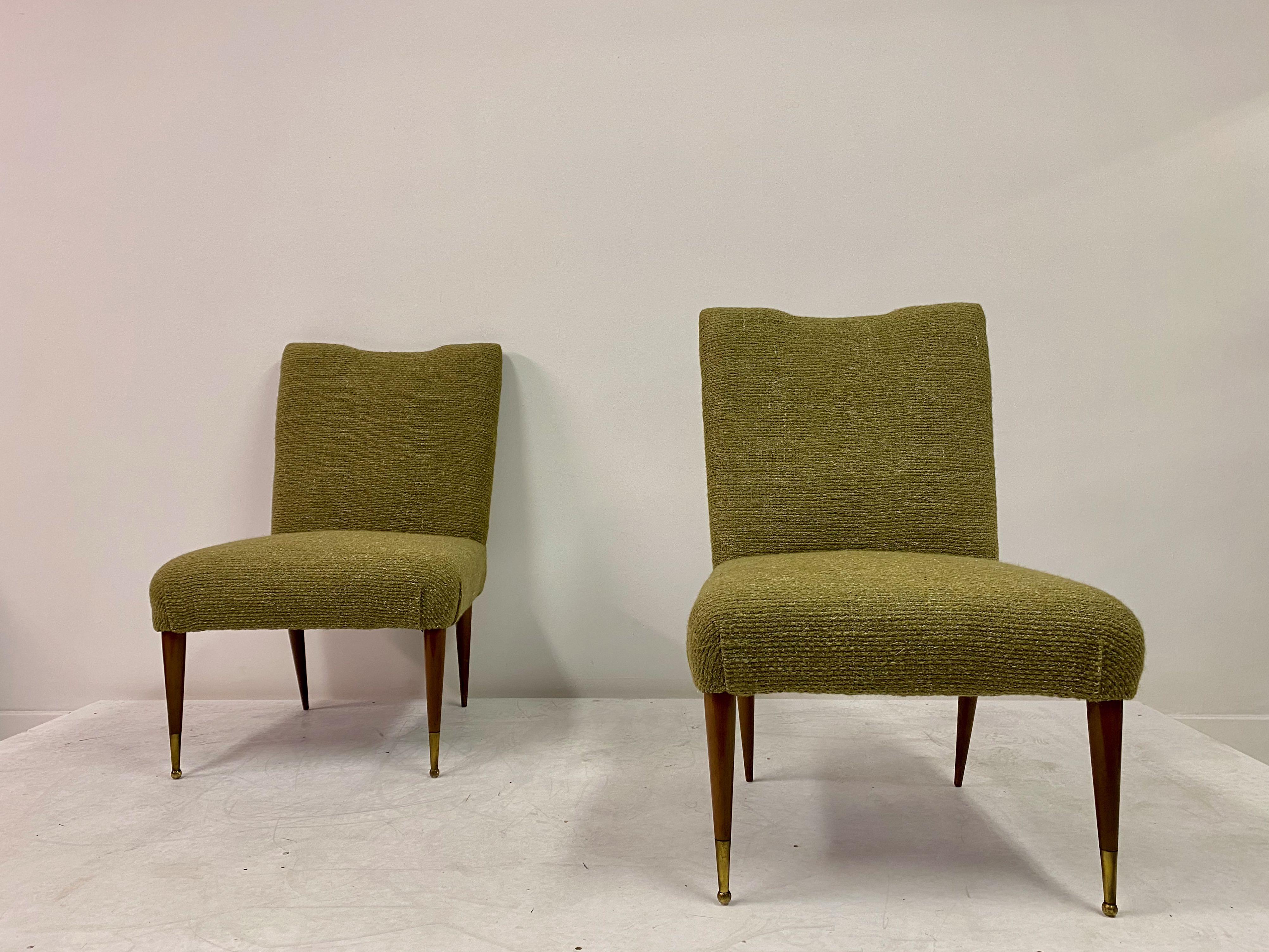 Midcentury Pair of Italian 1950s Slipper Chairs in Green Wool Linen Blend 5