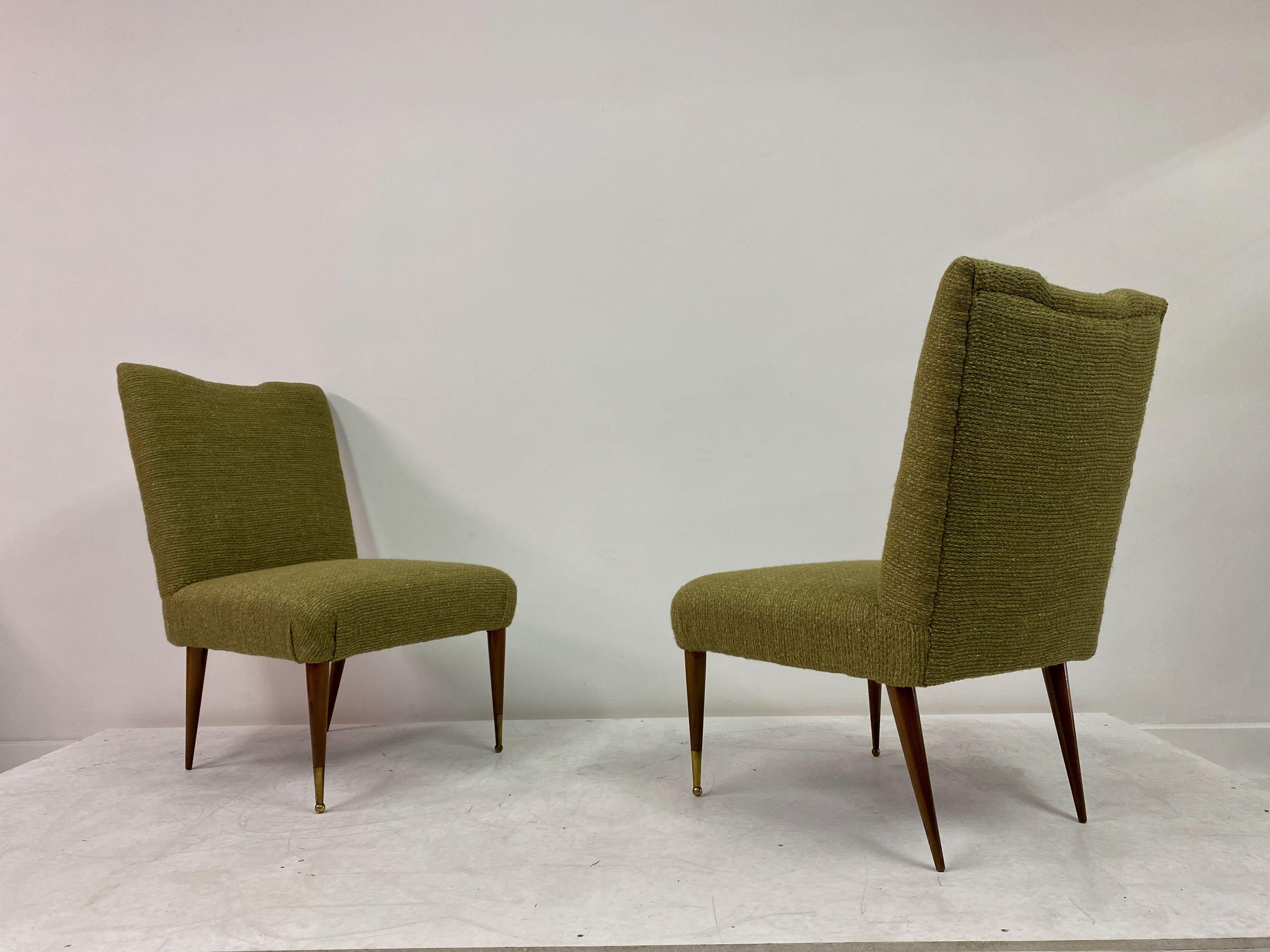 Midcentury Pair of Italian 1950s Slipper Chairs in Green Wool Linen Blend 7