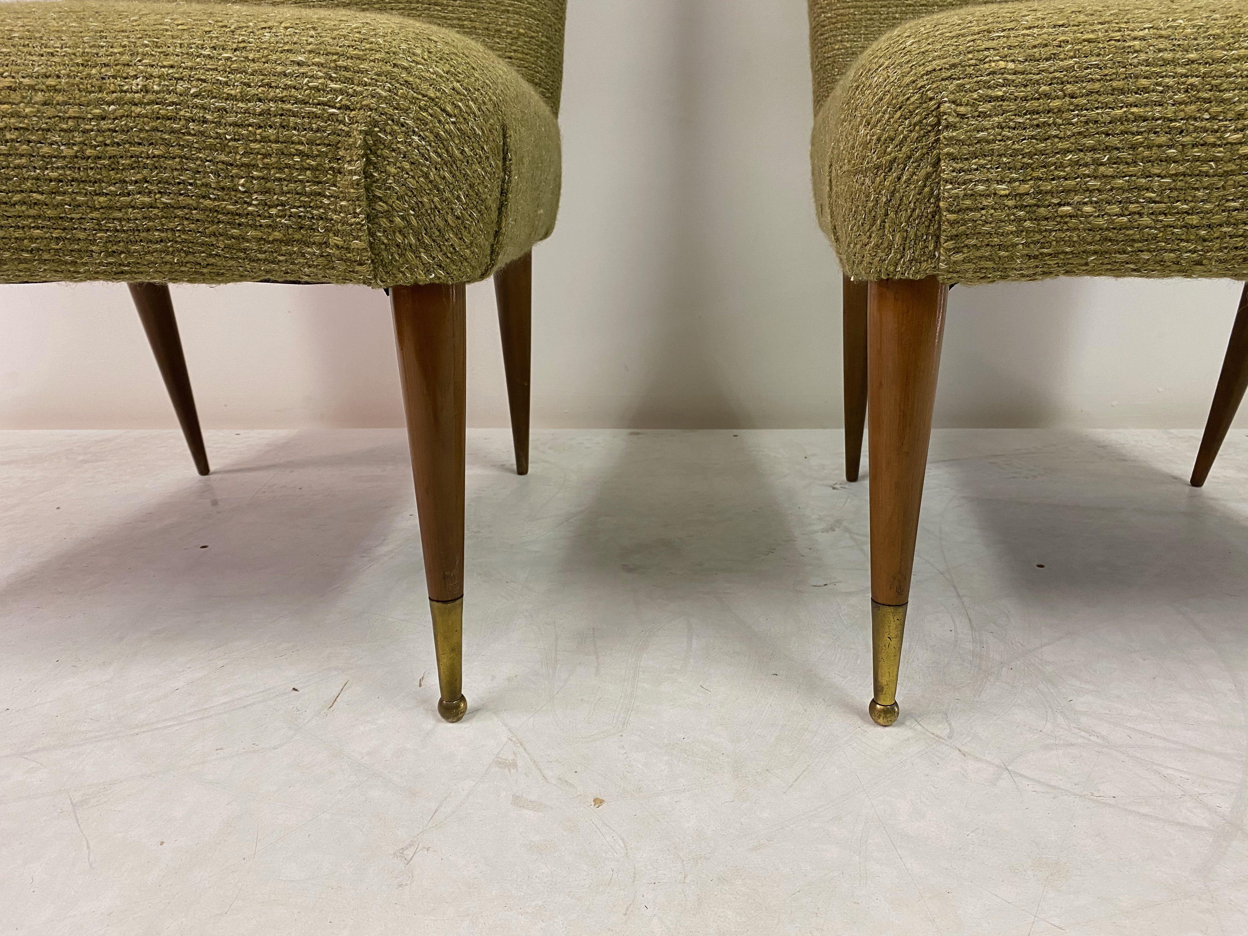 Mid-Century Modern Midcentury Pair of Italian 1950s Slipper Chairs in Green Wool Linen Blend