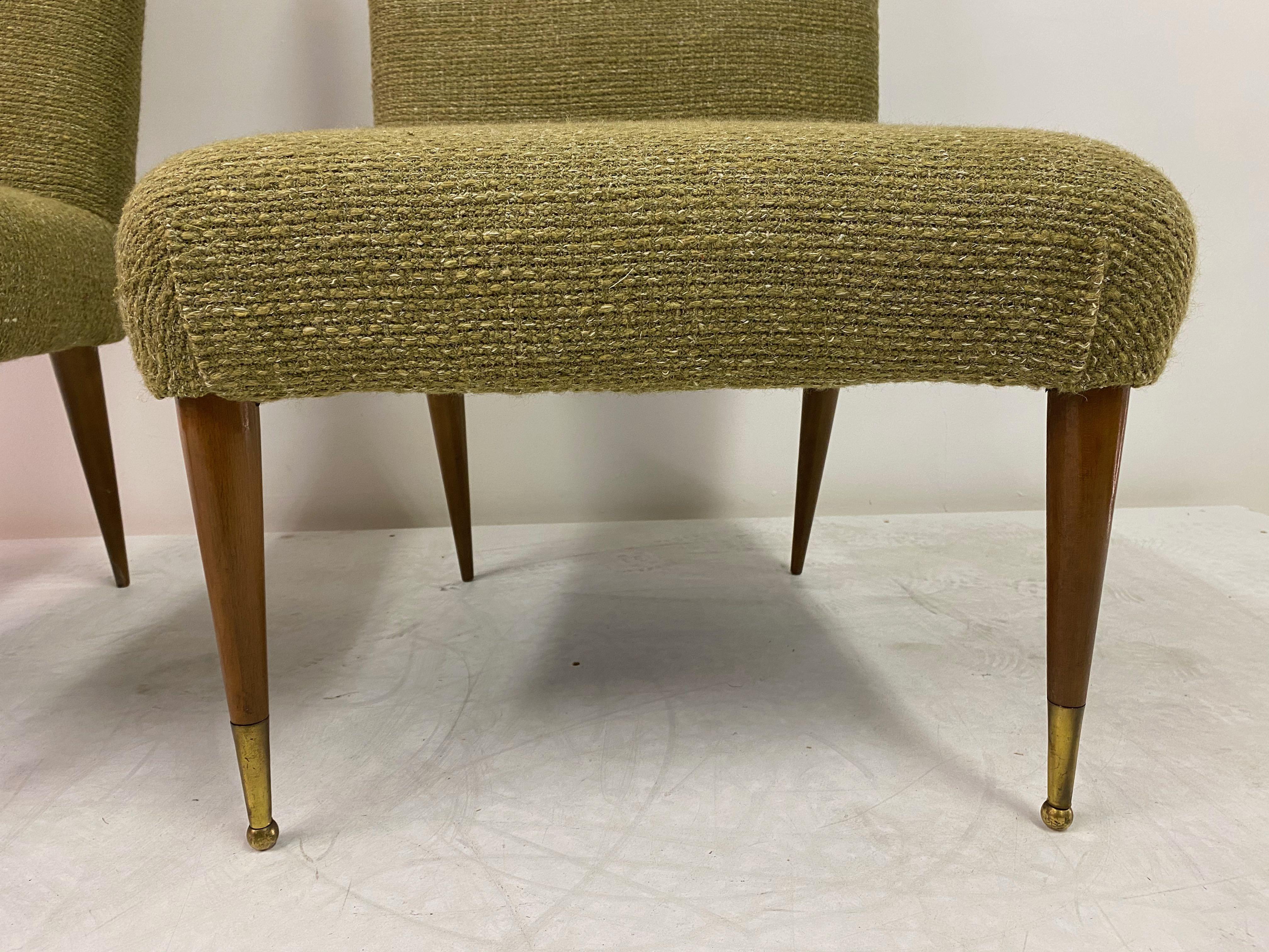 Midcentury Pair of Italian 1950s Slipper Chairs in Green Wool Linen Blend In Good Condition In London, London