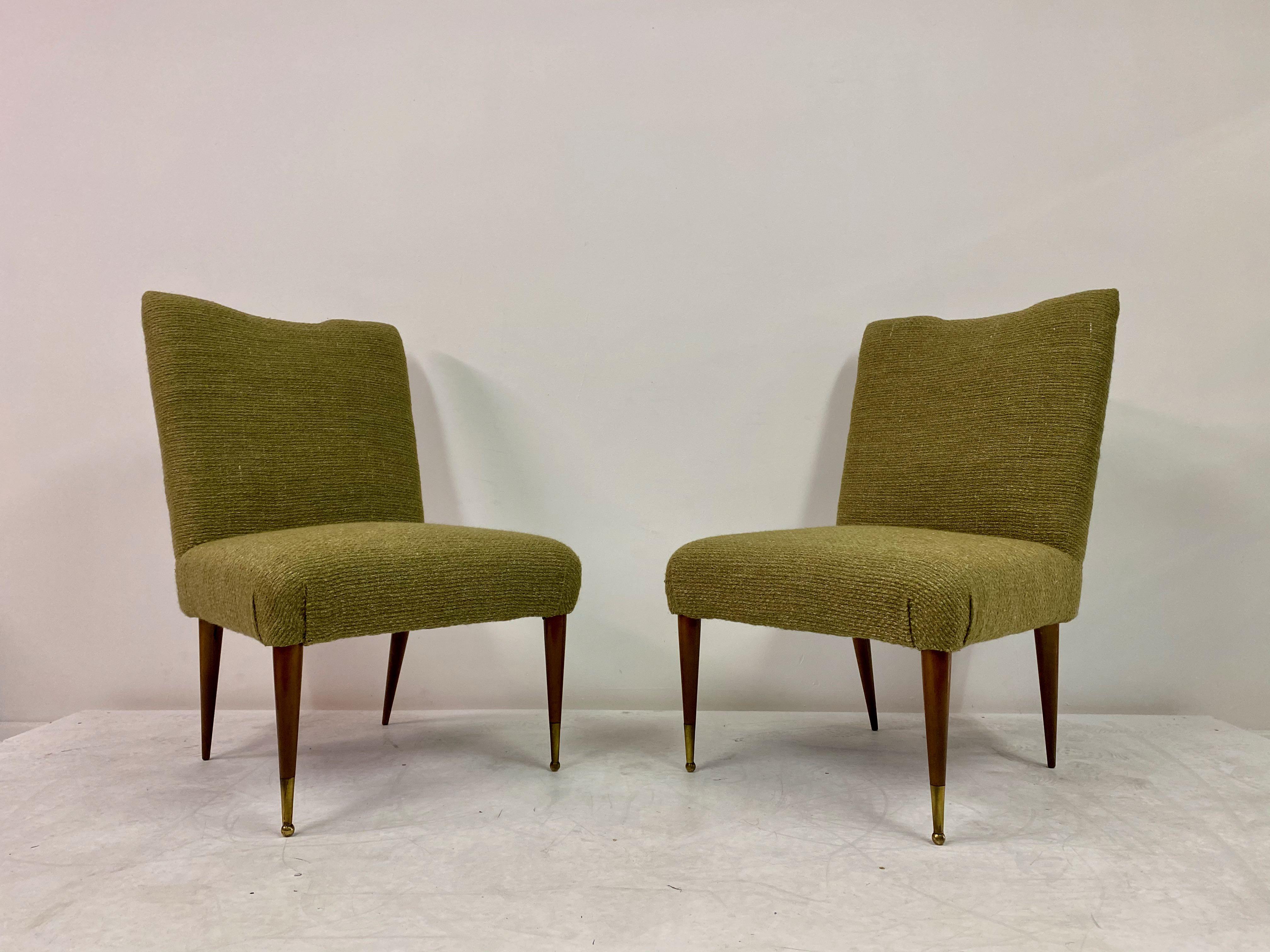 Midcentury Pair of Italian 1950s Slipper Chairs in Green Wool Linen Blend 1