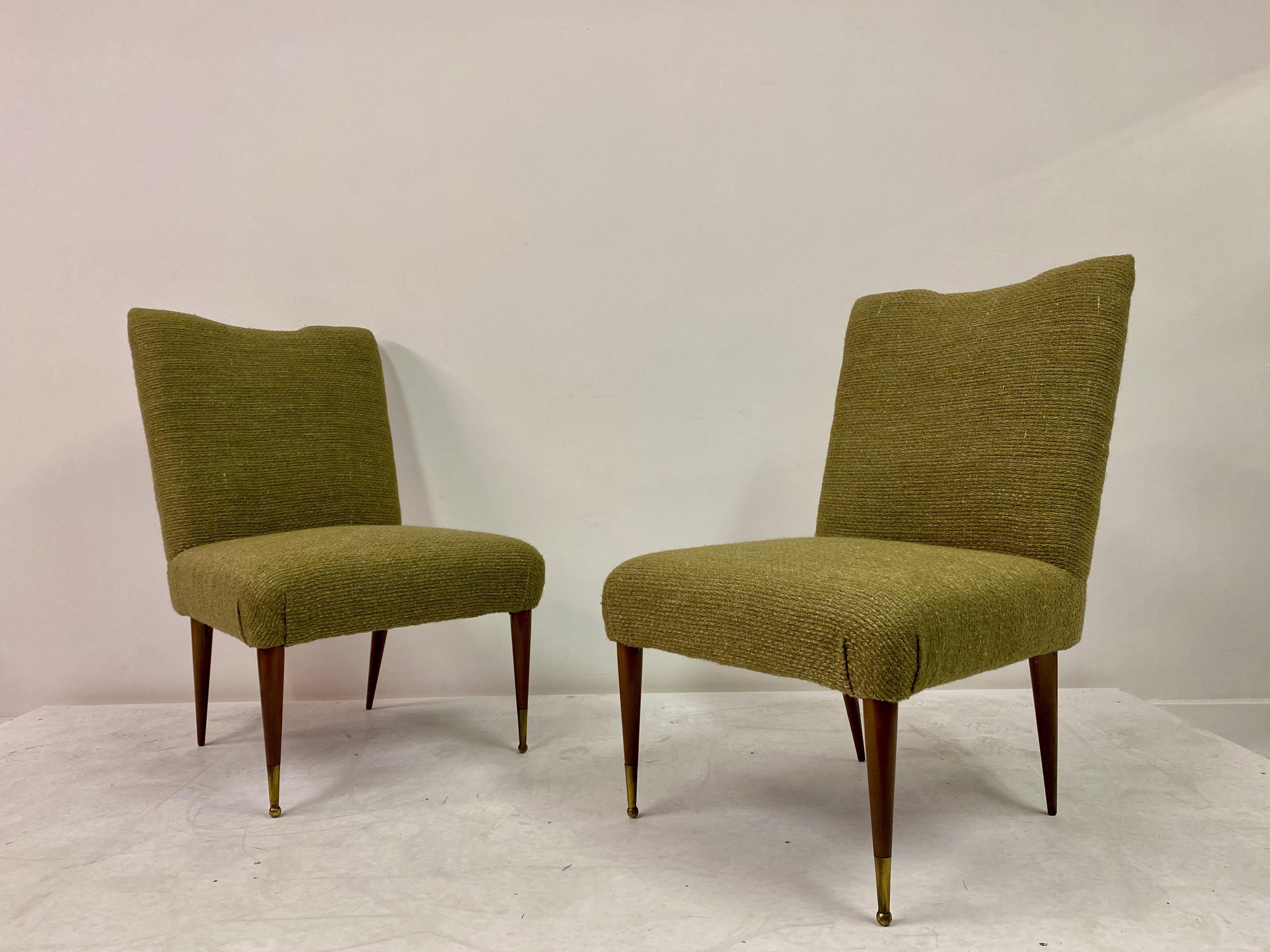 Midcentury Pair of Italian 1950s Slipper Chairs in Green Wool Linen Blend 2