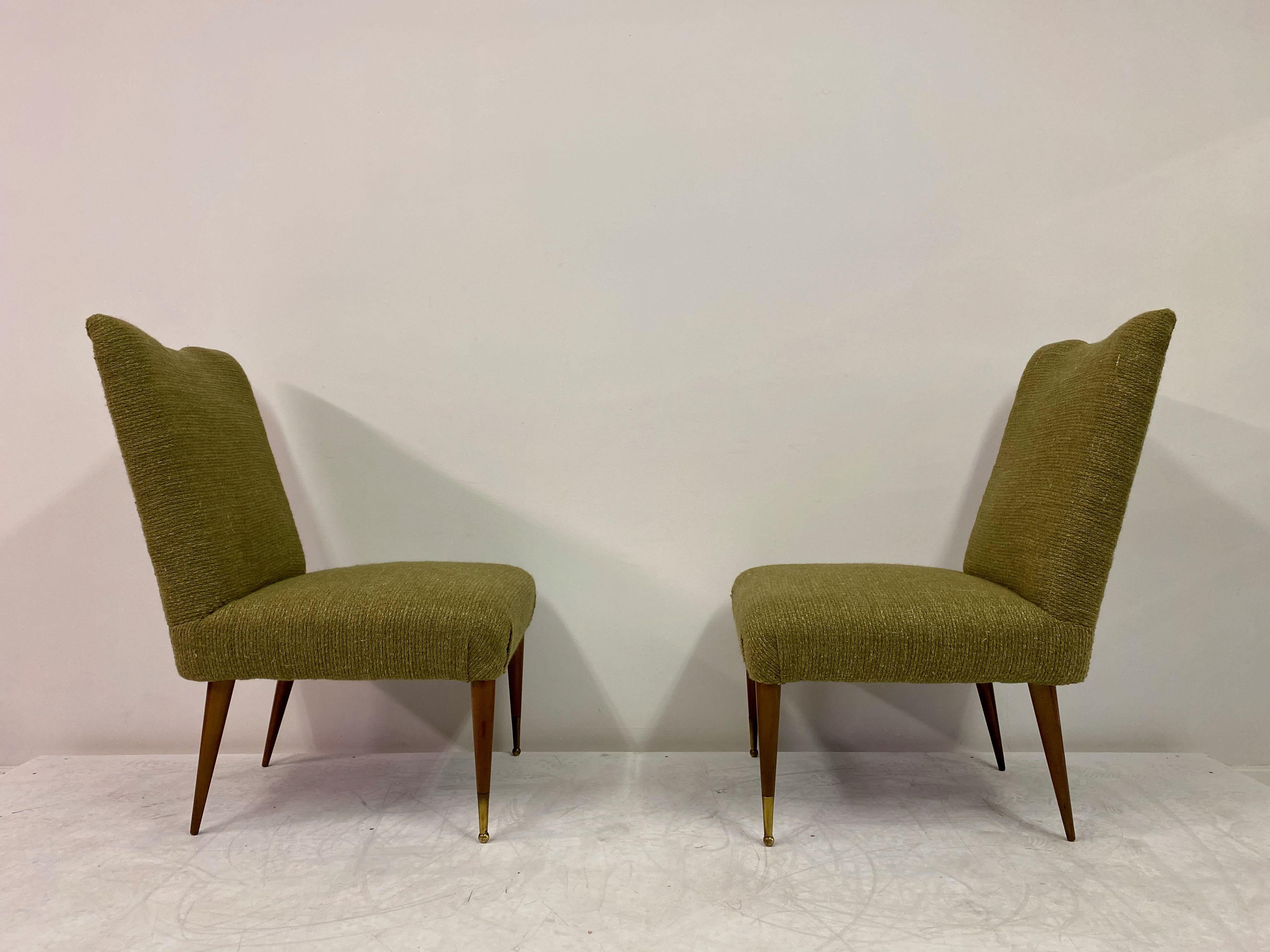 Midcentury Pair of Italian 1950s Slipper Chairs in Green Wool Linen Blend 4