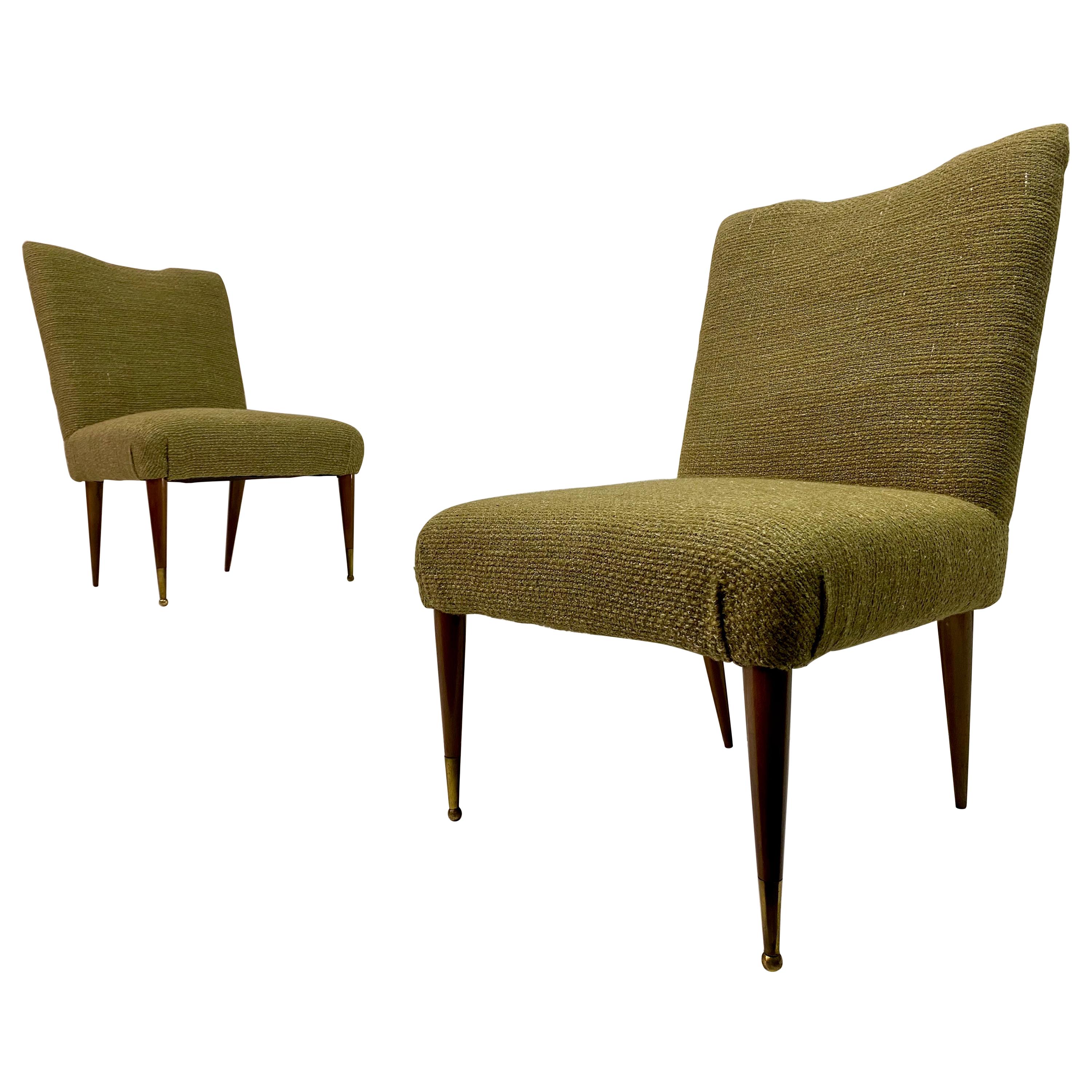Midcentury Pair of Italian 1950s Slipper Chairs in Green Wool Linen Blend