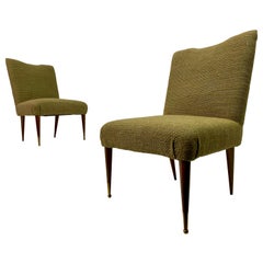 Midcentury Pair of Italian 1950s Slipper Chairs in Green Wool Linen Blend