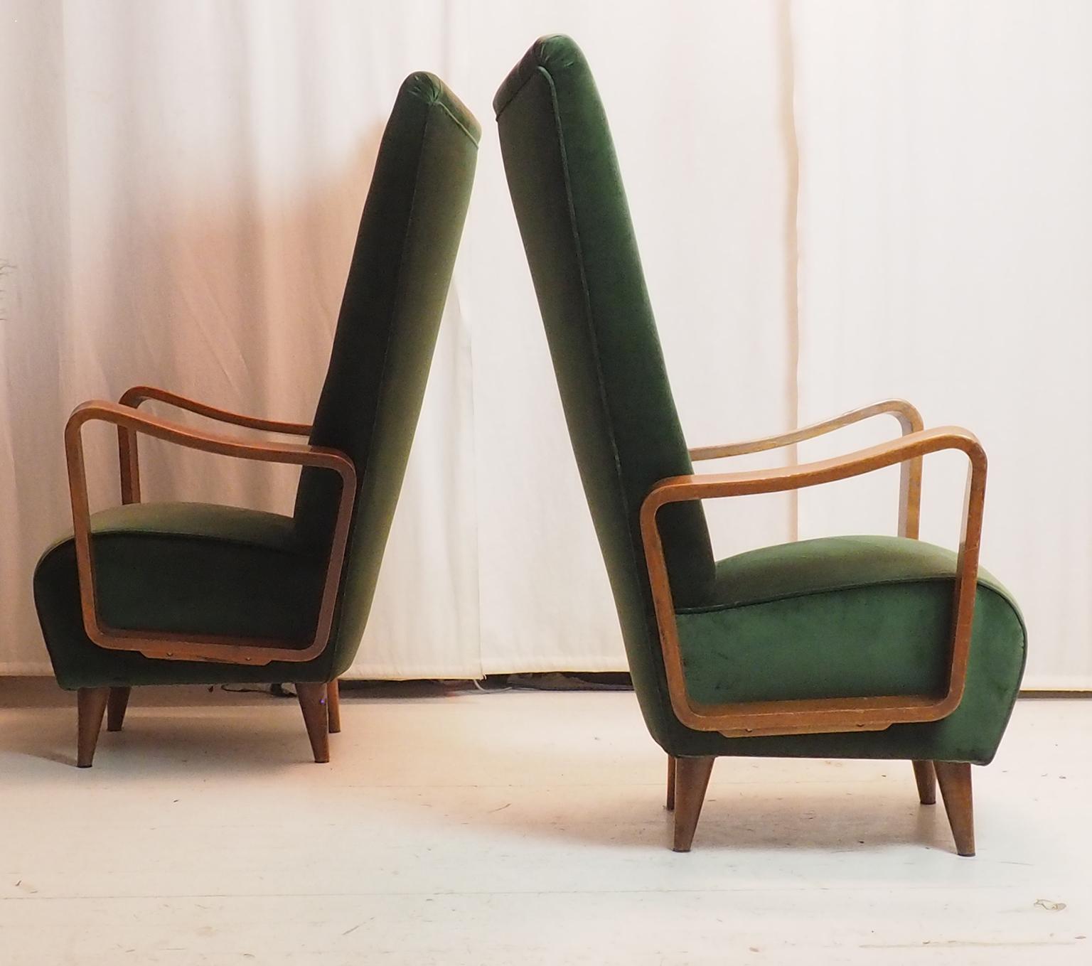 Midcentury High Back Italian Green Armchairs by Pietro Lingeri, Italy 1950s For Sale 9