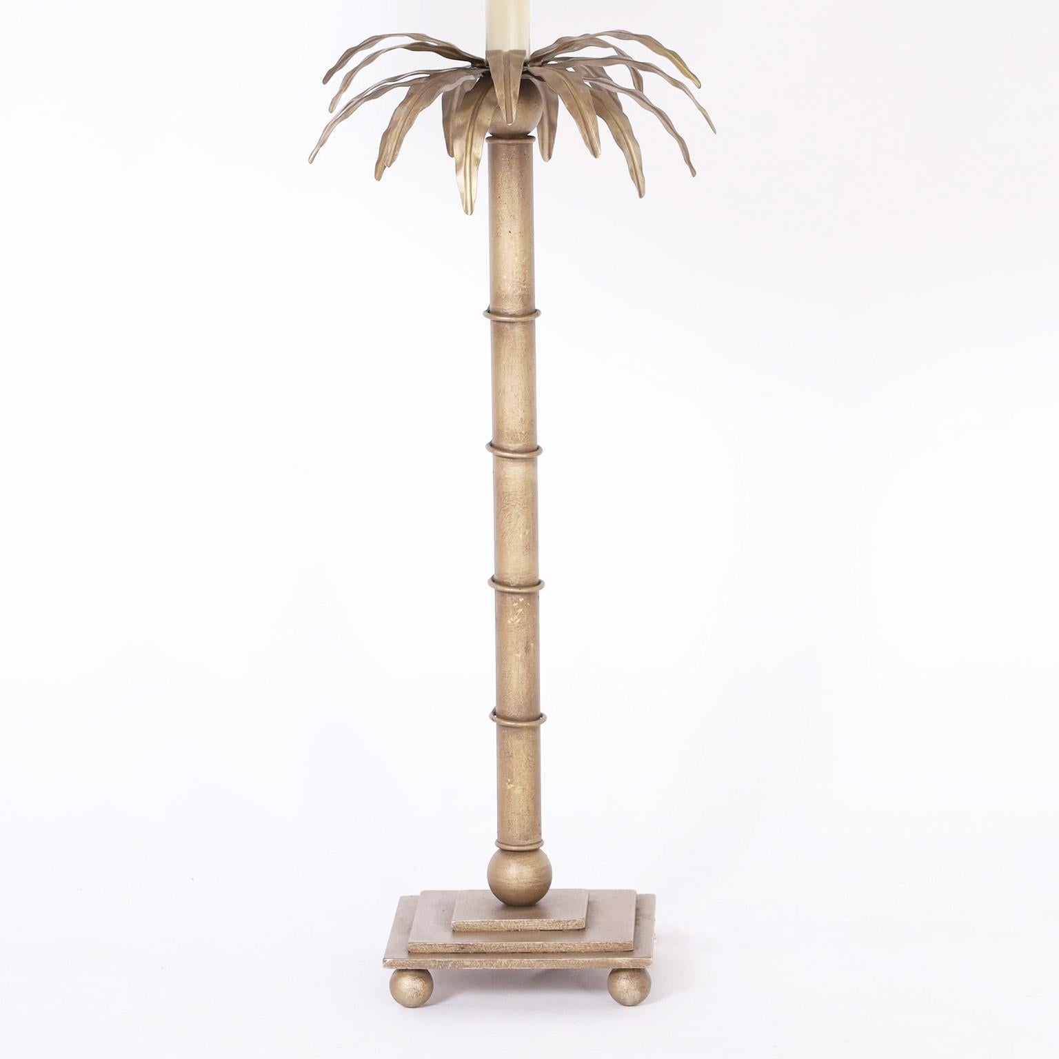 British Colonial Mid-Century Pair of Italian Metal Palm Tree Table Lamps For Sale