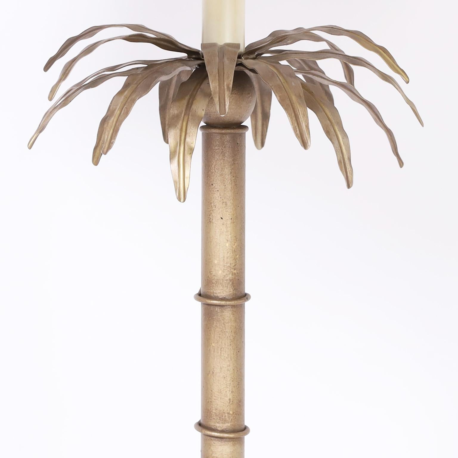 Mid-Century Pair of Italian Metal Palm Tree Table Lamps In Good Condition For Sale In Palm Beach, FL