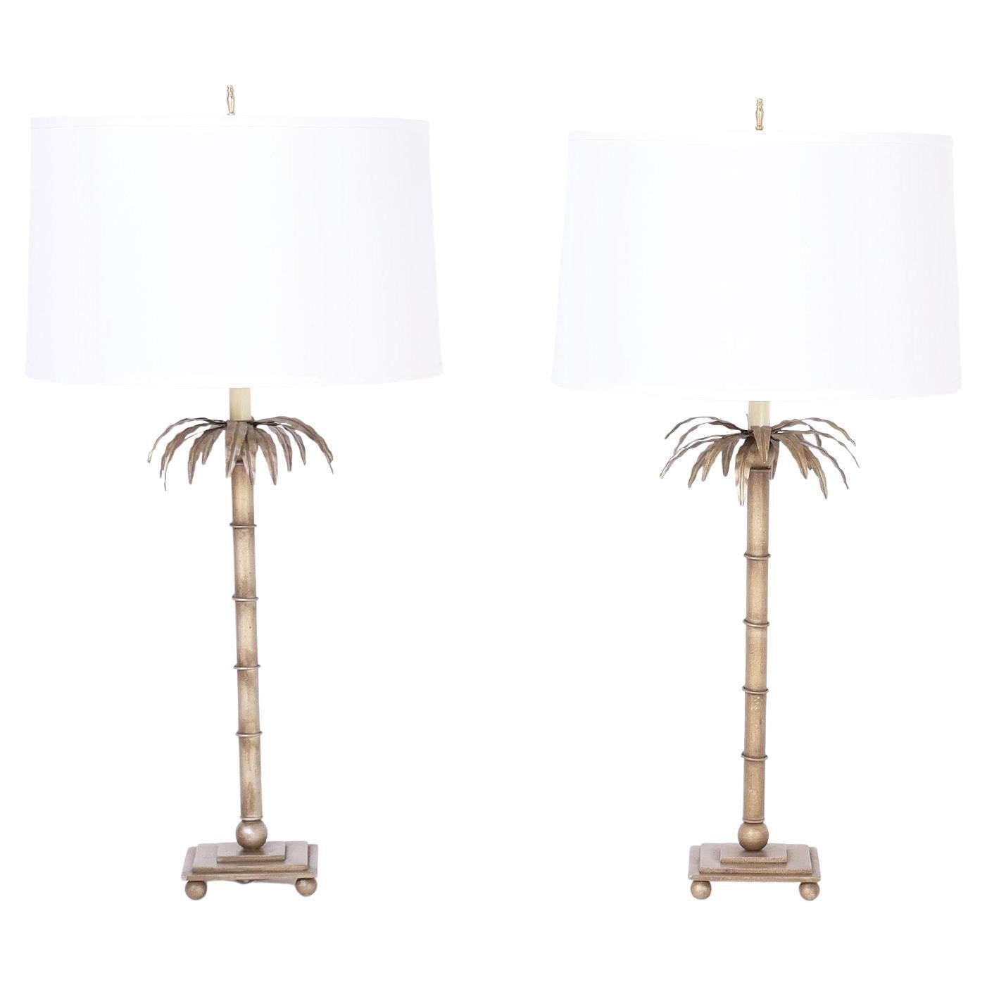 Mid-Century Pair of Italian Metal Palm Tree Table Lamps For Sale