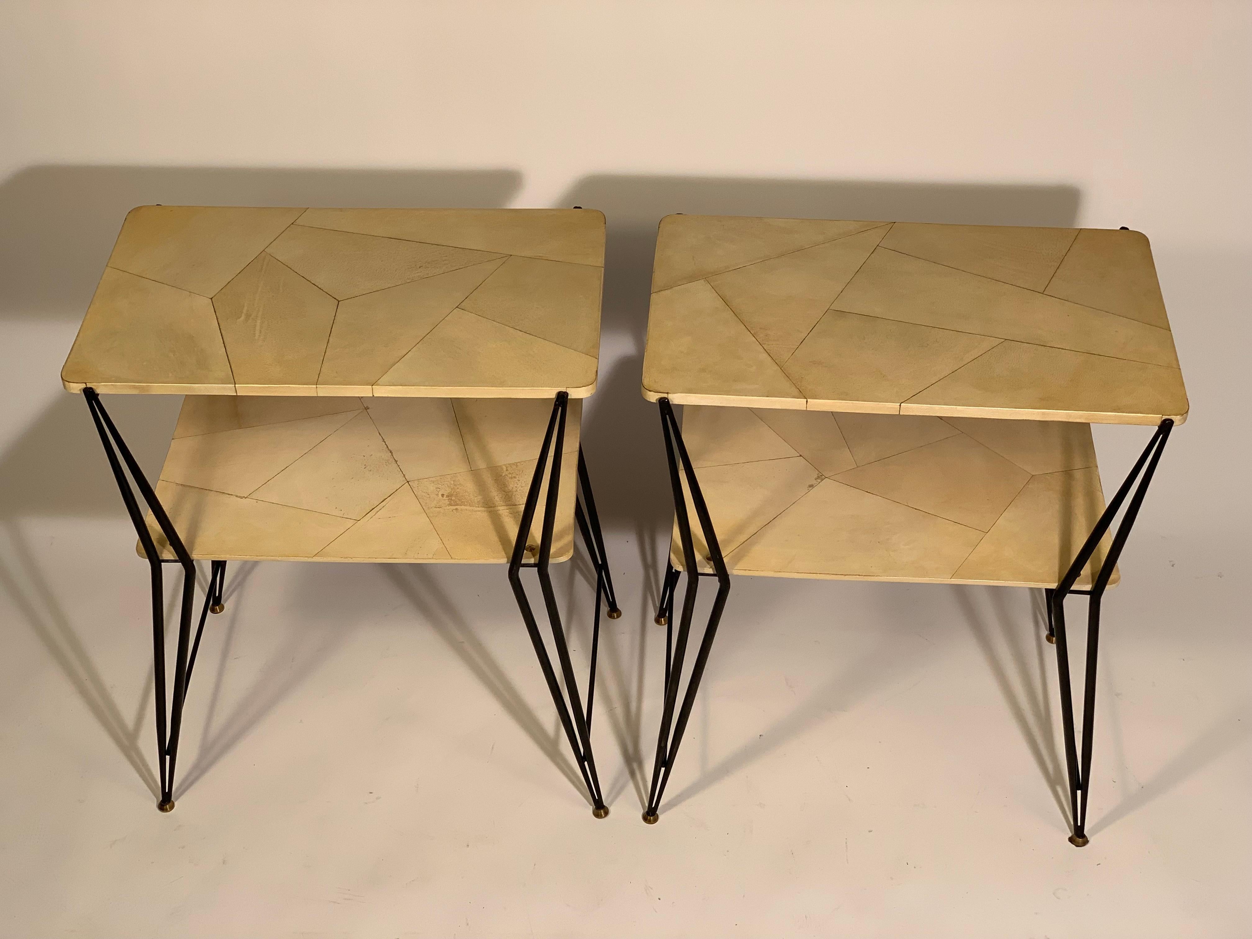 Mid-20th Century Mid-Century Pair of Italian Side Tables Bed Side Tables Brass and Parchment