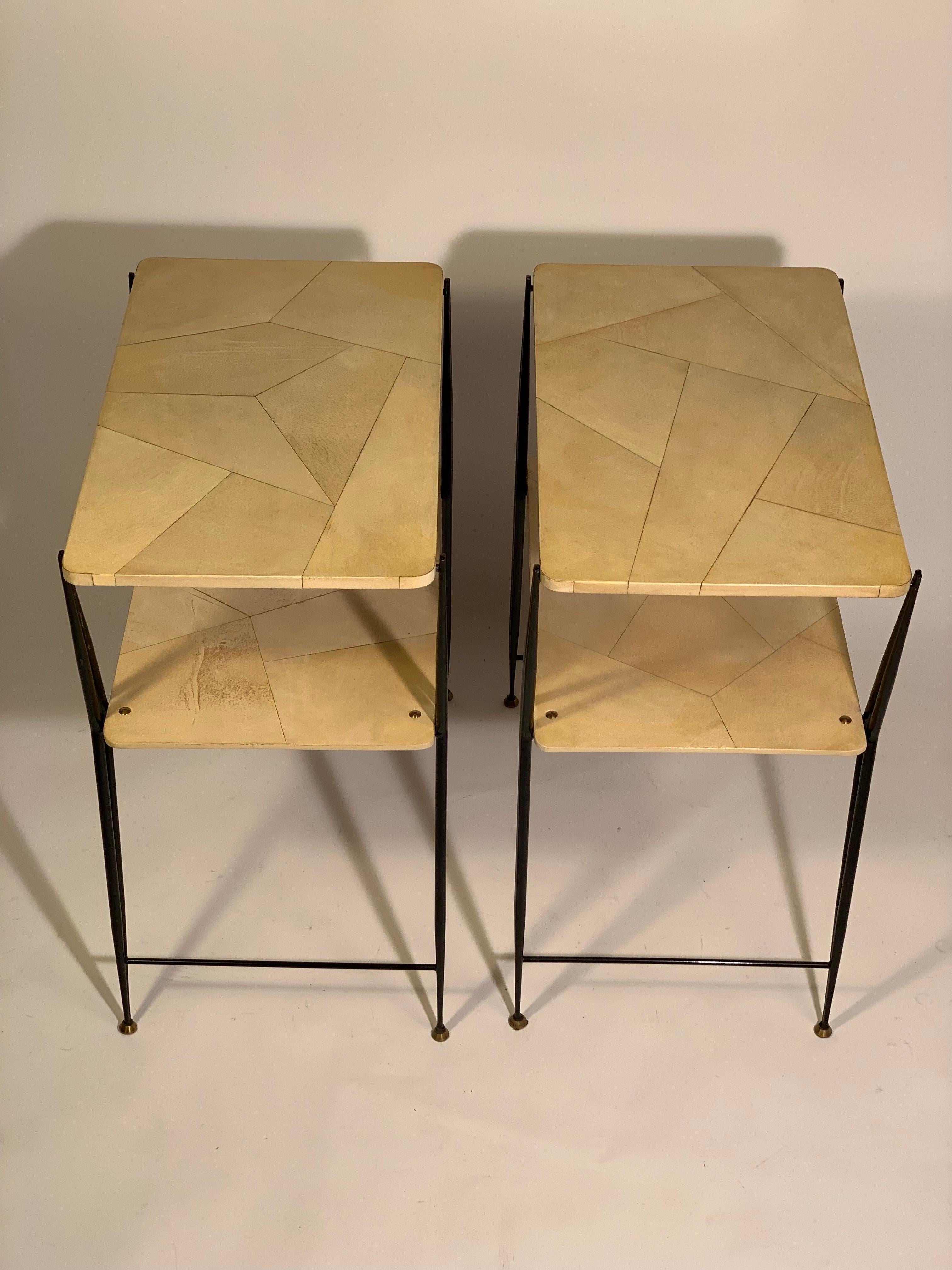 Metal Mid-Century Pair of Italian Side Tables Bed Side Tables Brass and Parchment