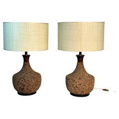 Mid Century Pair of Italian Table Lamps with Natural Cork