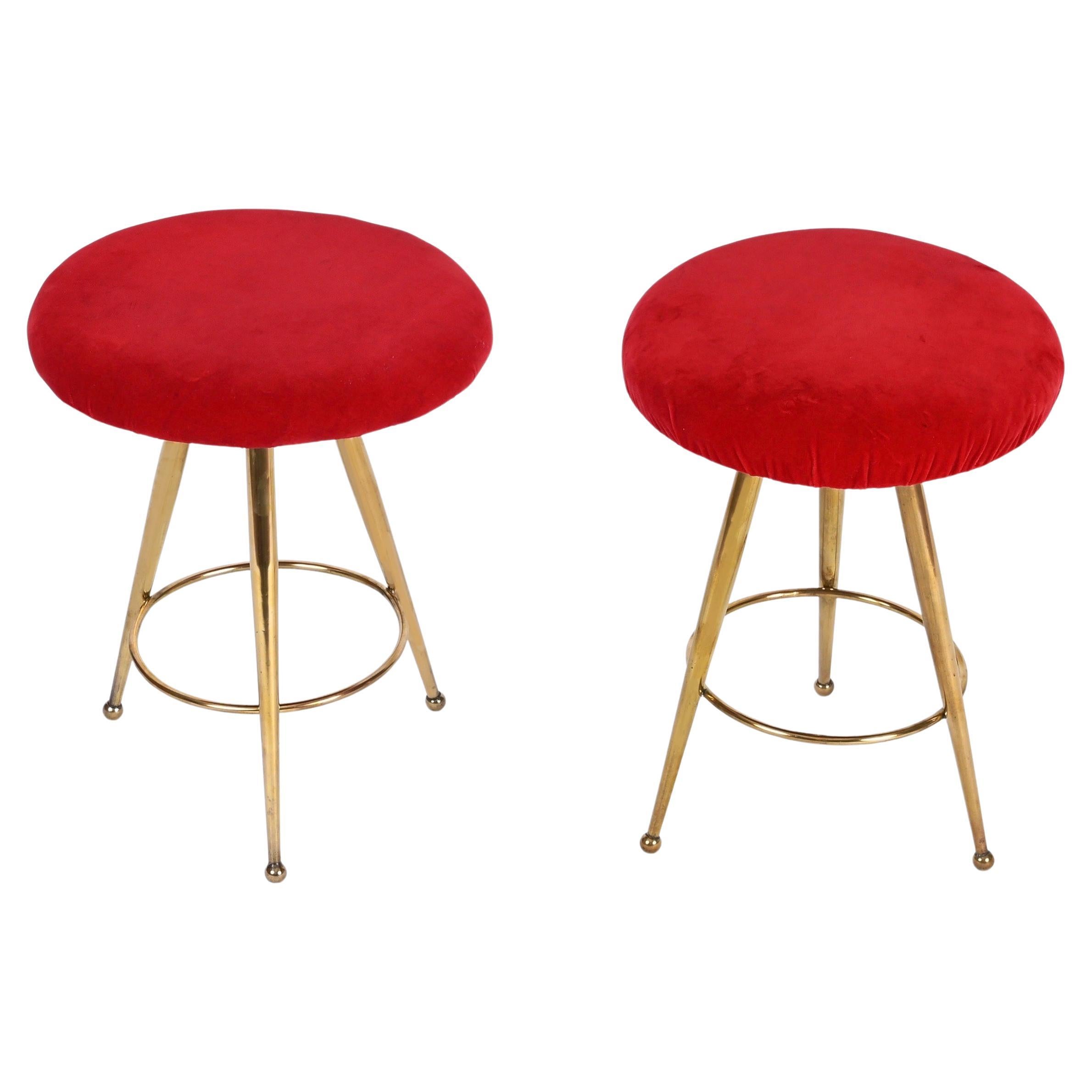Mid-Century Pair of Italian Tripod Stools in Red Velvet and Brass, 1950s
