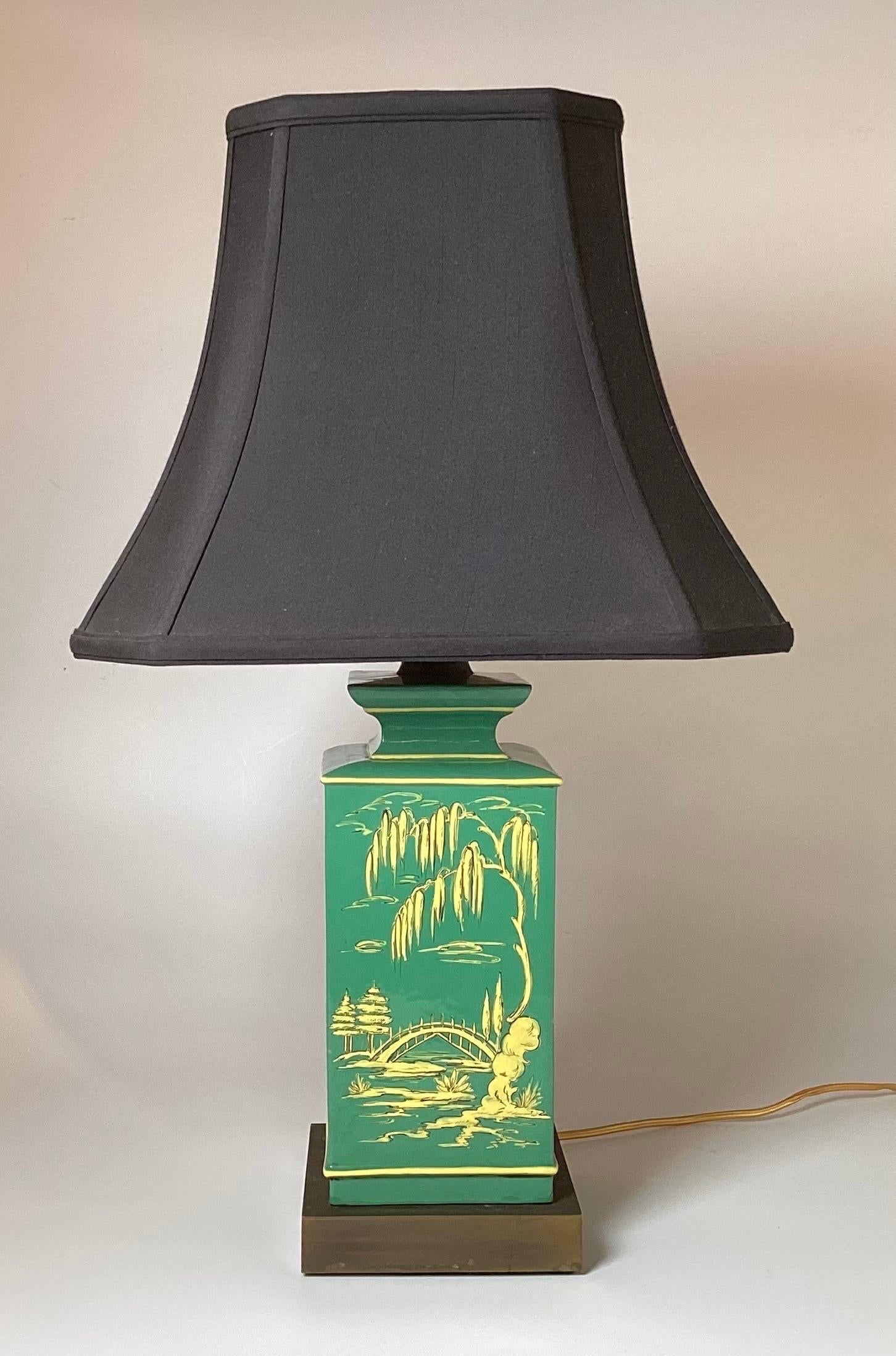 A Pair of vibrantly colored yellow and green Asian motif table lamps.  In the manner of James Mont, the bright green background with yellow chinoiserie decoration and pin stripping.   The aged brass bases are original. The shades are for