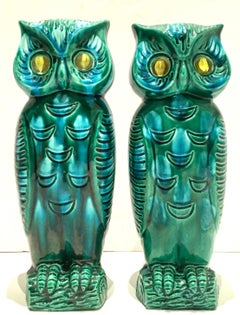 Midcentury Pair of Japanese Ceramic Glaze "Google" Eye Owl Vases by Giftcraft