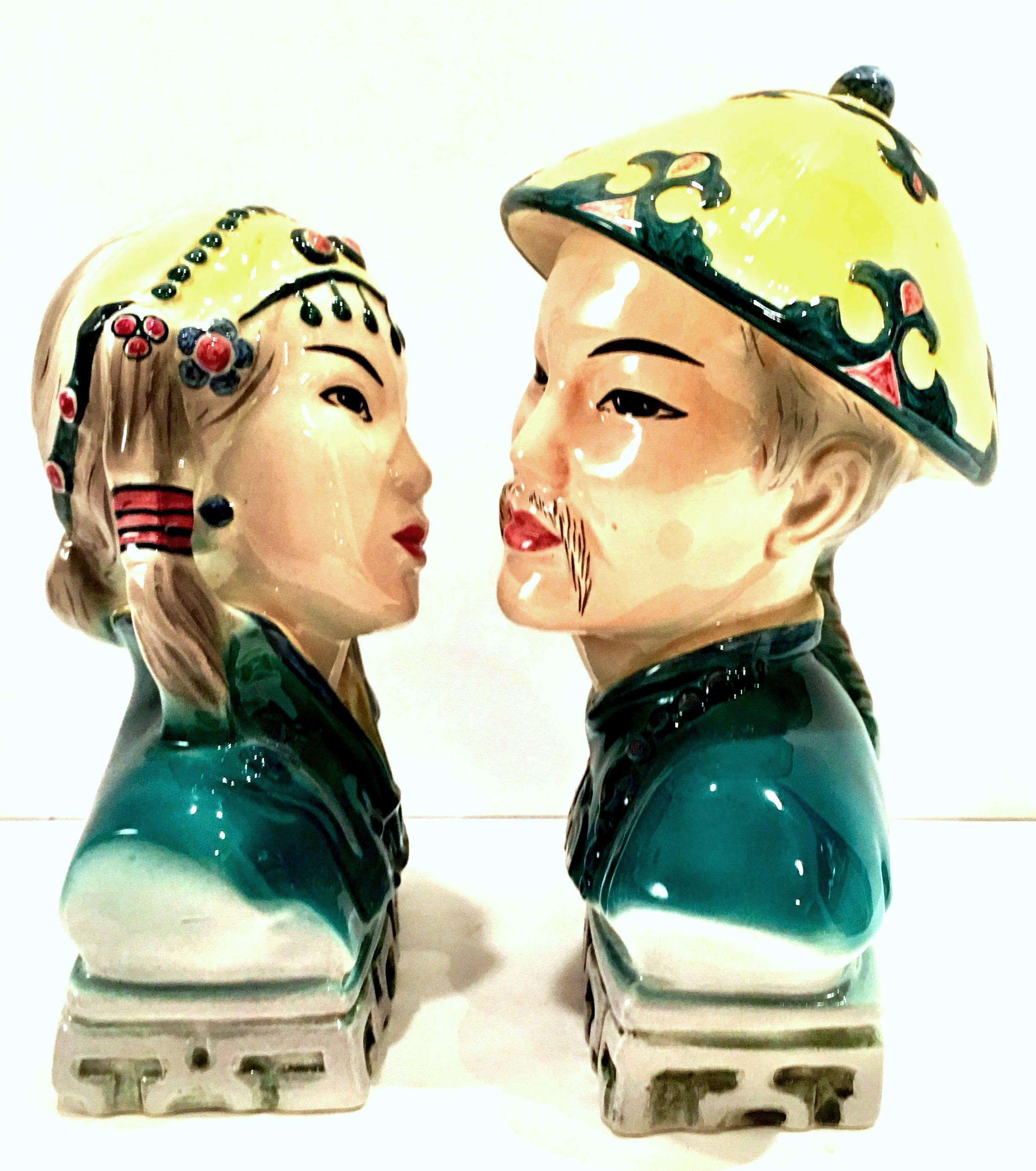 Chinese Export Midcentury Pair of Japanese Hand Painted Porcelain Sculptures by Goldscheider For Sale