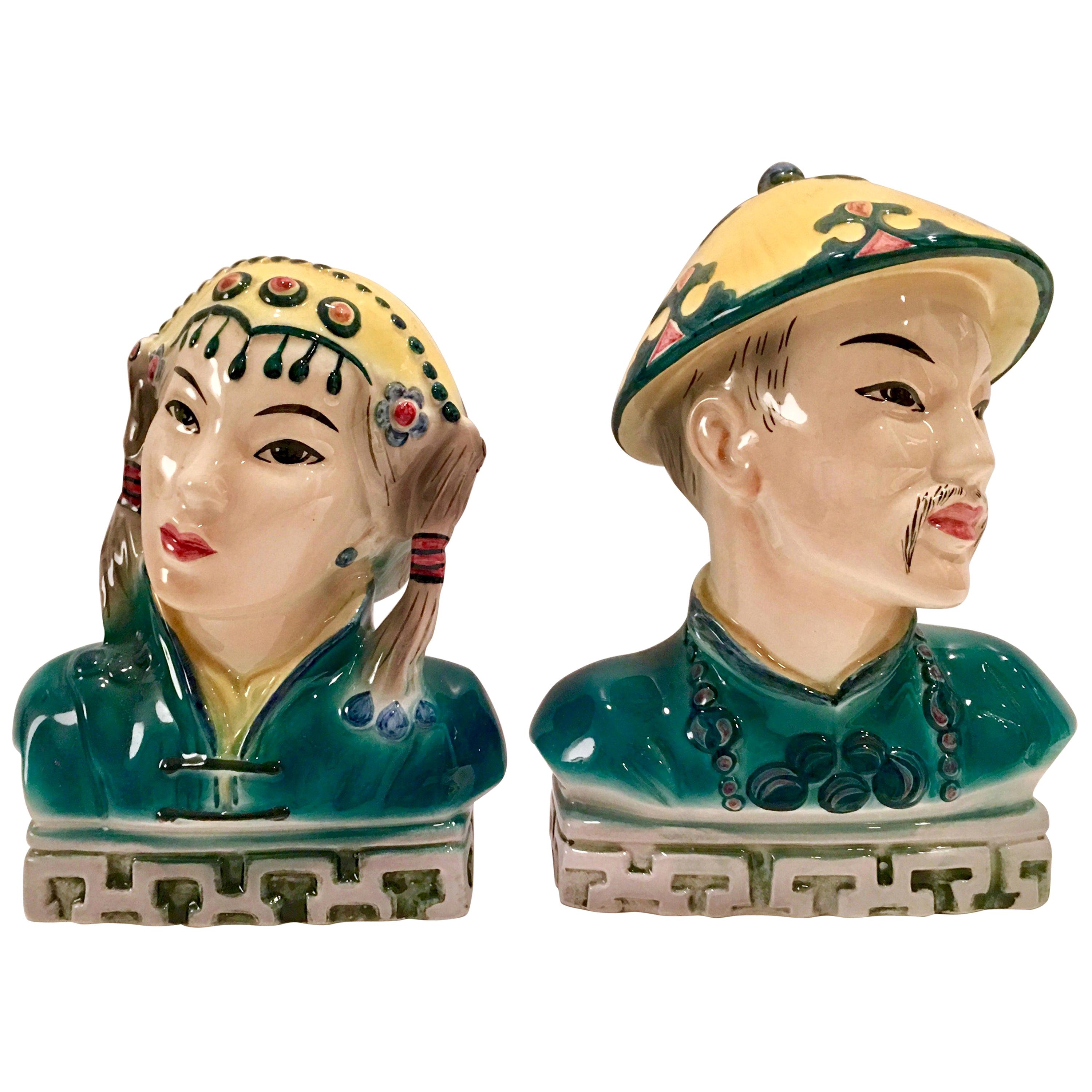 Midcentury Pair of Japanese Hand Painted Porcelain Sculptures by Goldscheider For Sale