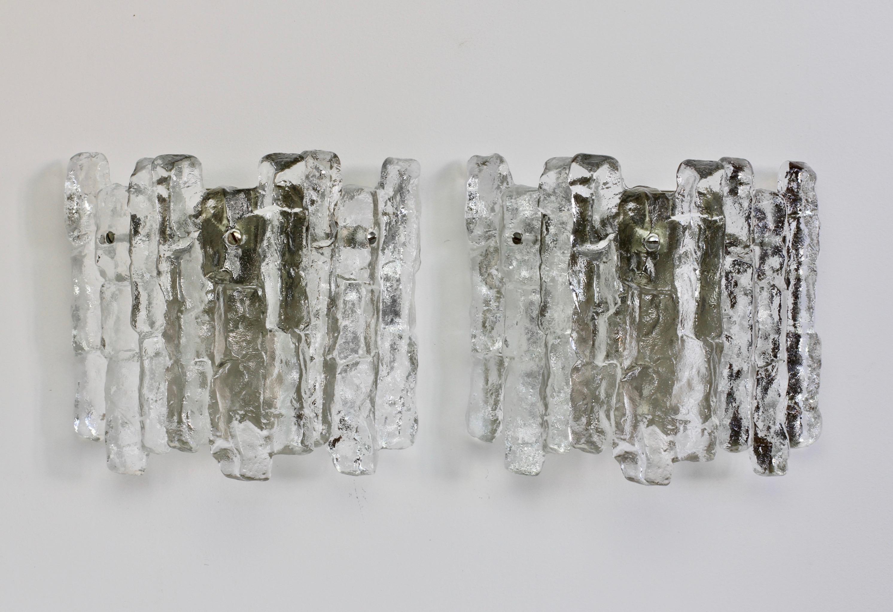 Austrian Mid-Century Pair of Kalmar 1960s Clear Glass Ice Crystal Wall Lights or Sconces