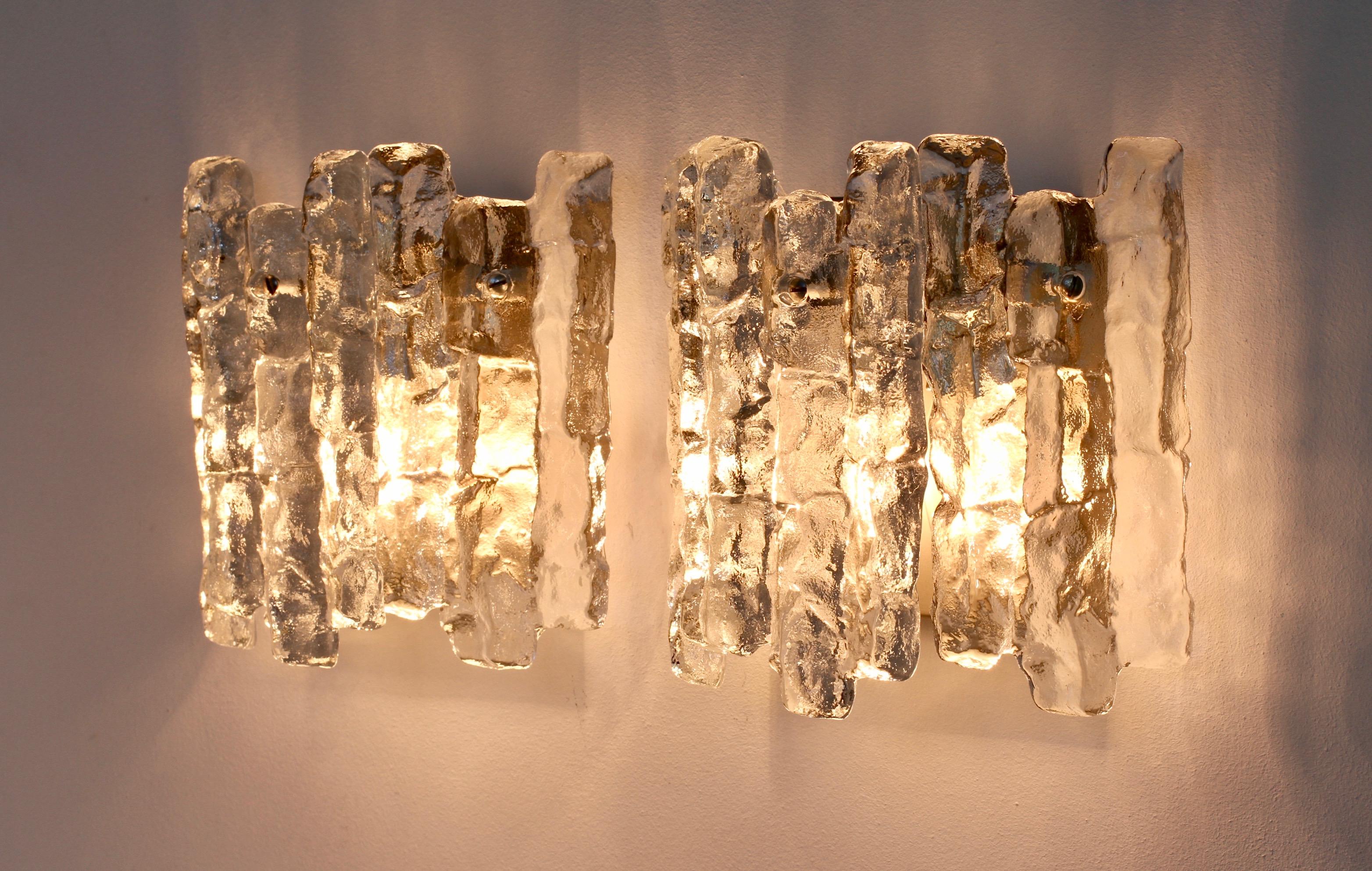 20th Century Mid-Century Pair of Kalmar 1960s Clear Glass Ice Crystal Wall Lights or Sconces