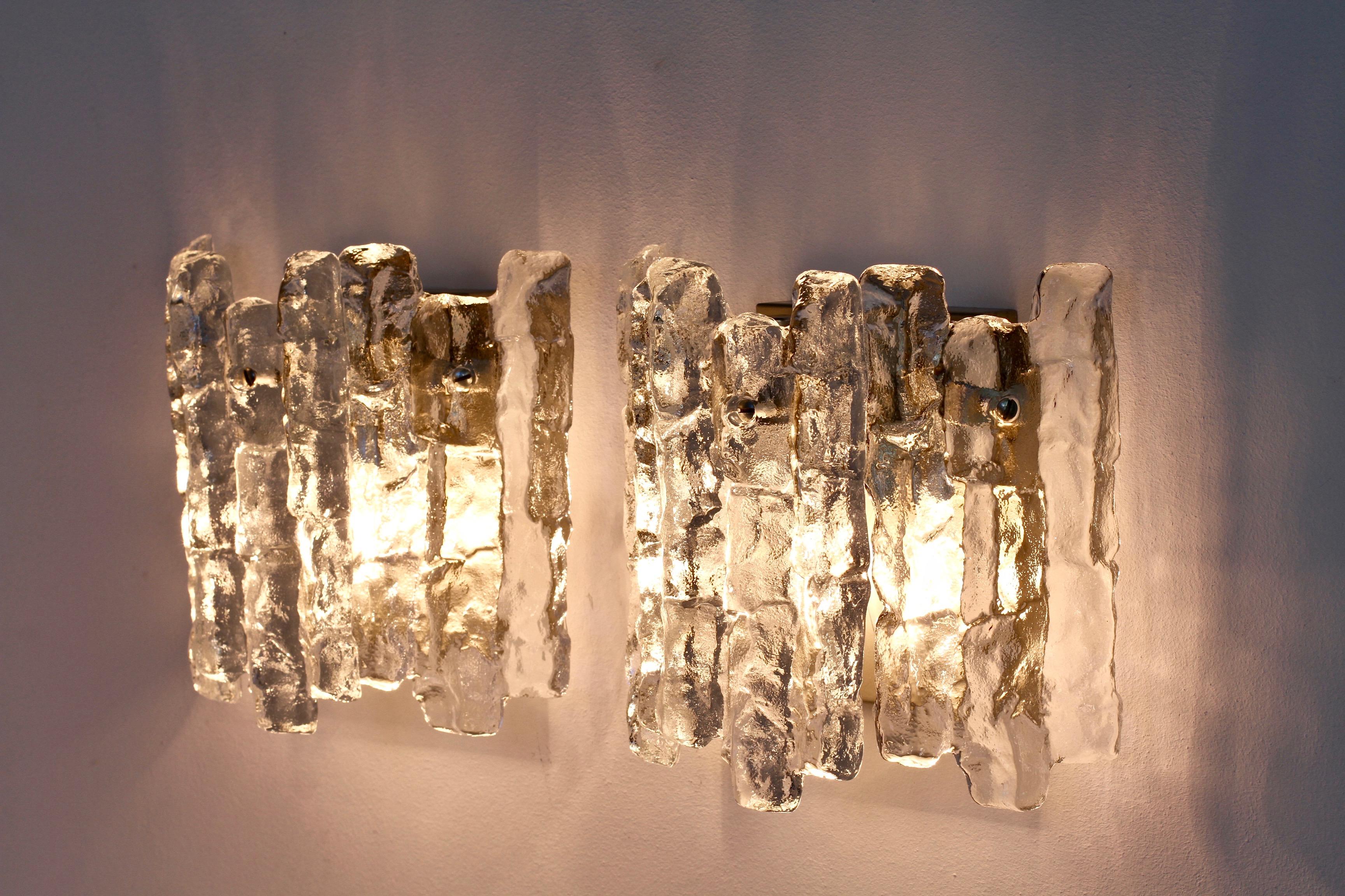 Metal Mid-Century Pair of Kalmar 1960s Clear Glass Ice Crystal Wall Lights or Sconces